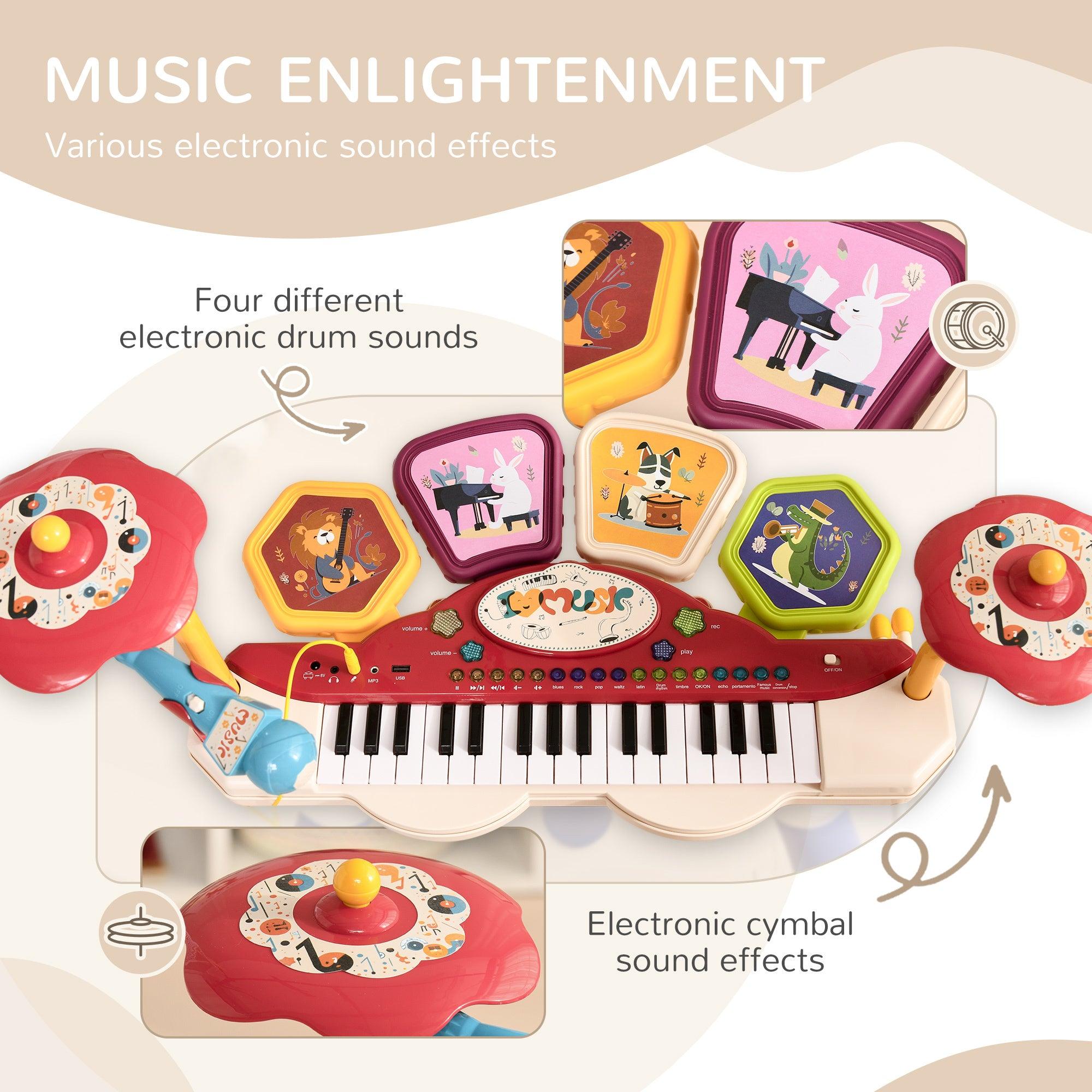 2 in 1 Kids Piano Keyboard with Drum Set - 32 Key Electronic Musical Instrument Toy with 8 Sounds, LED Lights, Microphone & Stool | MP3/USB/Auto Sleep Function | Perfect Birthday Gift for Boys & Girls Ages 3-8 | Home Playroom & Preschool Learning Activity