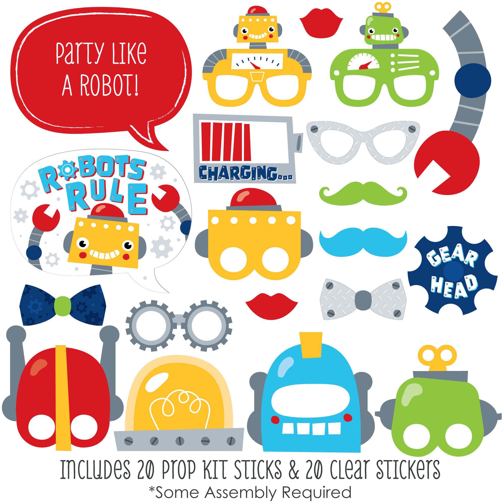 Big Dot of Happiness Gear Up Robots Photo Booth Props Kit - 20 Count Robot-Themed Party Decorations for Birthday, Baby Shower & Gender Reveal - Perfect for Themed Parties, DIY Decor & Social Media Photos