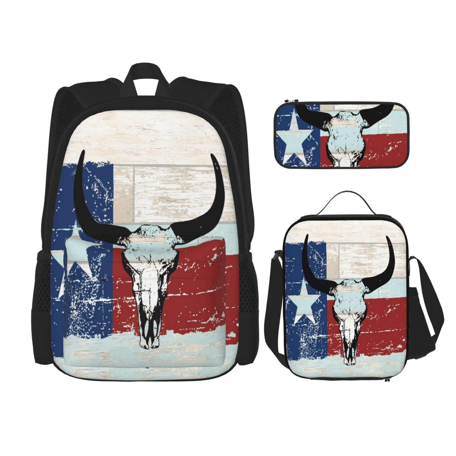Vintage Texas Flag Bull Skull Backpack Set - 3 Piece Travel, Camping, Work & School Bags with Pencil Case & Lunch Bag for Men, Women, Boys & Girls | Durable Book Bag Combo for Daily Use, Outdoor Adventures & College Life