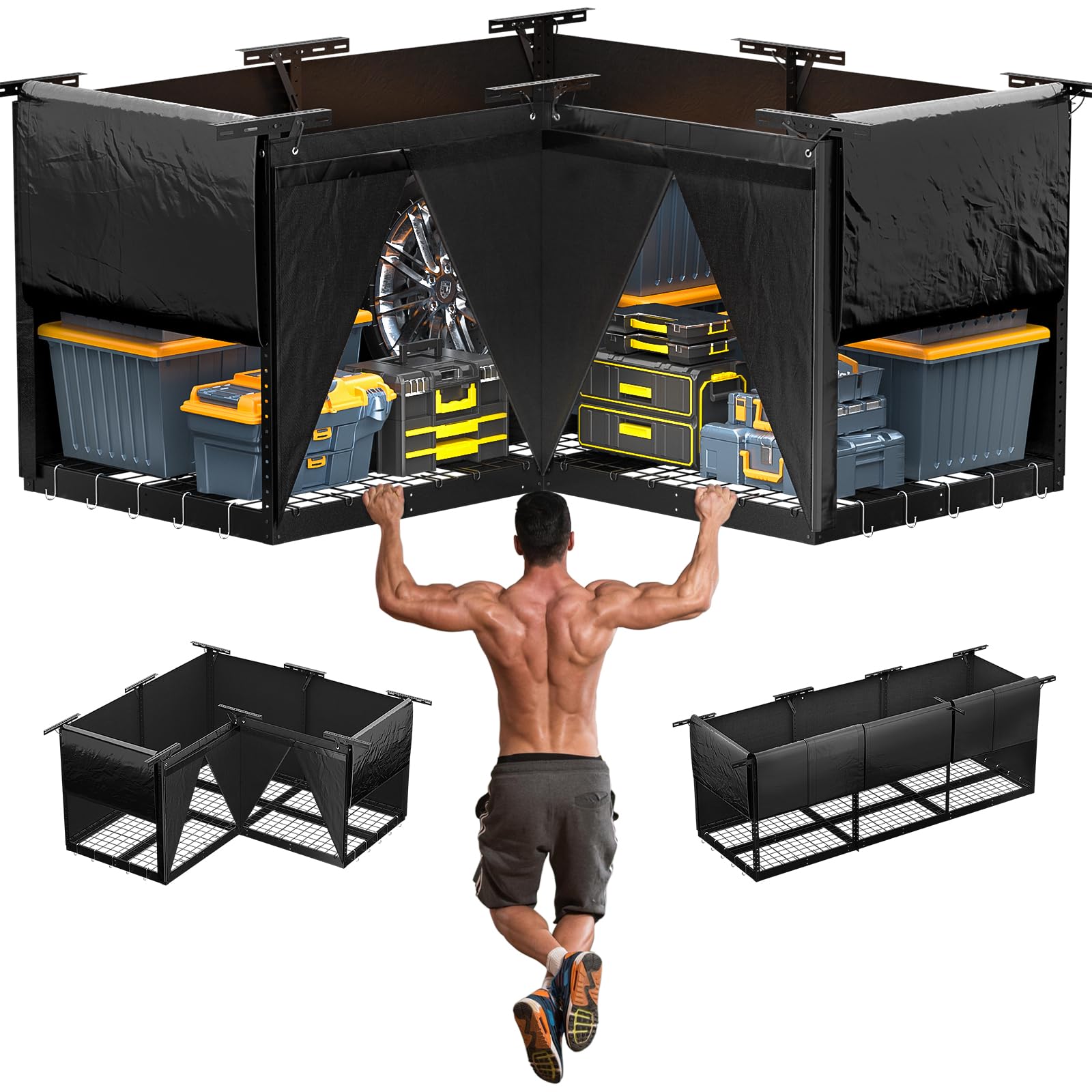 Heavy Duty L-Shaped Overhead Garage Storage Rack - Adjustable Height 700LB Capacity with Oxford Cover - Reversible Ceiling Storage System for Garage, Warehouse & Home Organization - Perfect for Storing Seasonal Items, Sports Equipment & Bulk Supplies