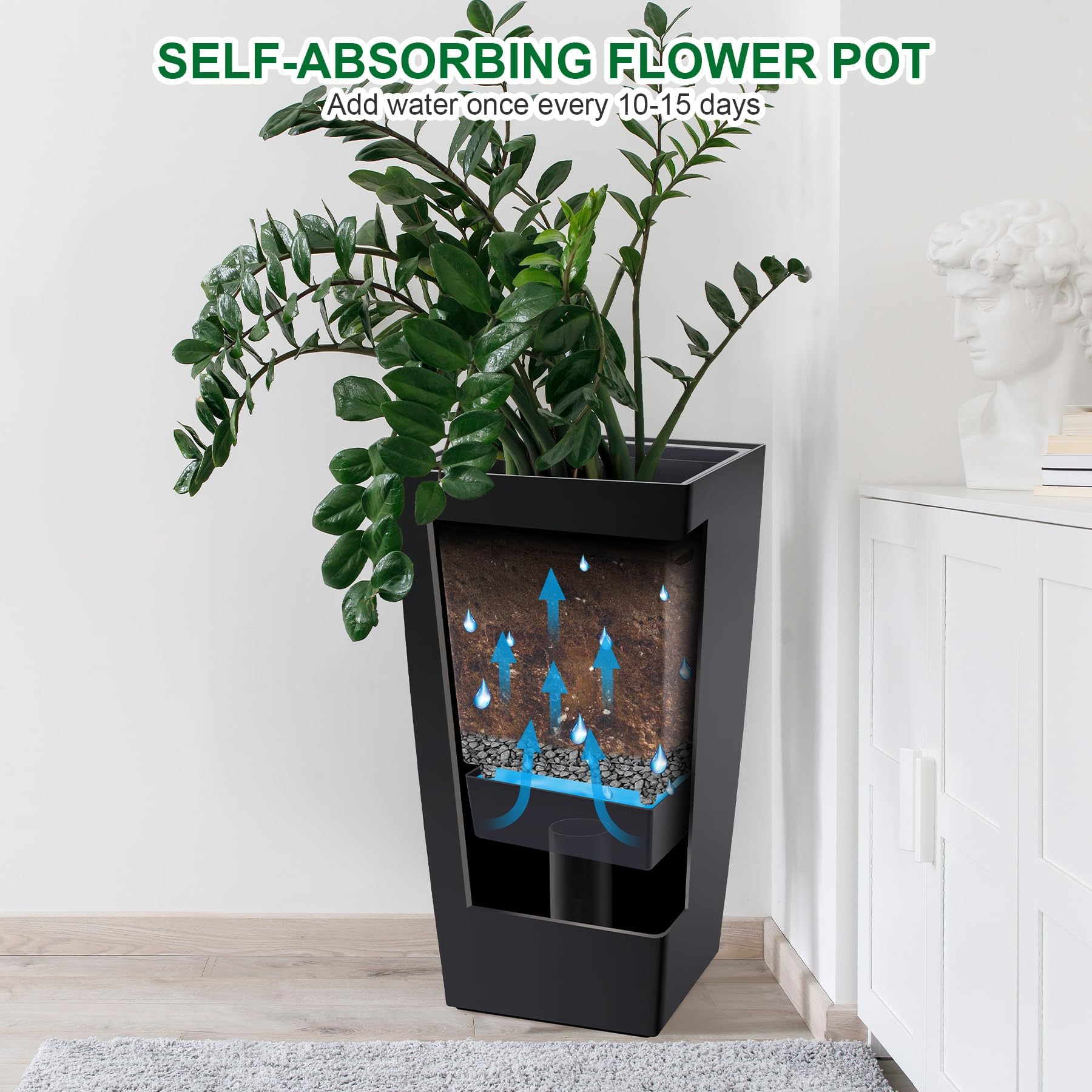 GARVEE 30 Inch Tall Flower Pots Set of 2 - Self Watering Planters with Drainage Holes & Water Level Indicator - Heavy Duty Indoor Outdoor Garden Plant Containers - Perfect for Patio, Balcony, and Home Decor (Black)