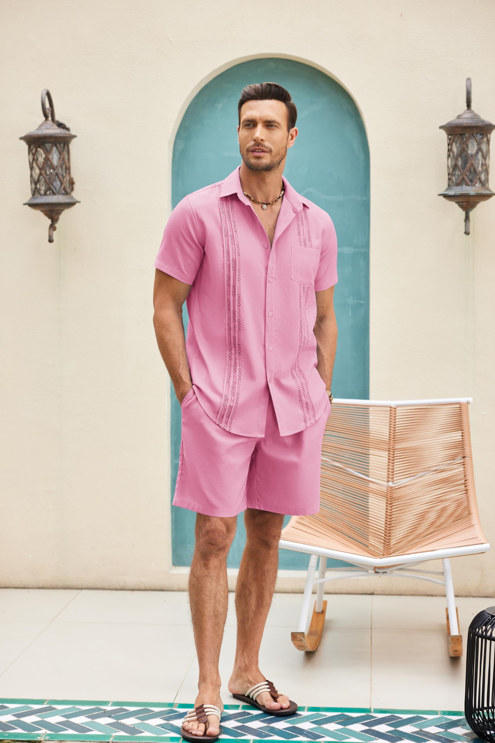 COOFANDY Men's 2-Piece Beach Short Set - Stylish Guayabera & Shorts for Vacation, Resort Wear | Perfect for Summer Outfits, Pool Parties & Tropical Getaways