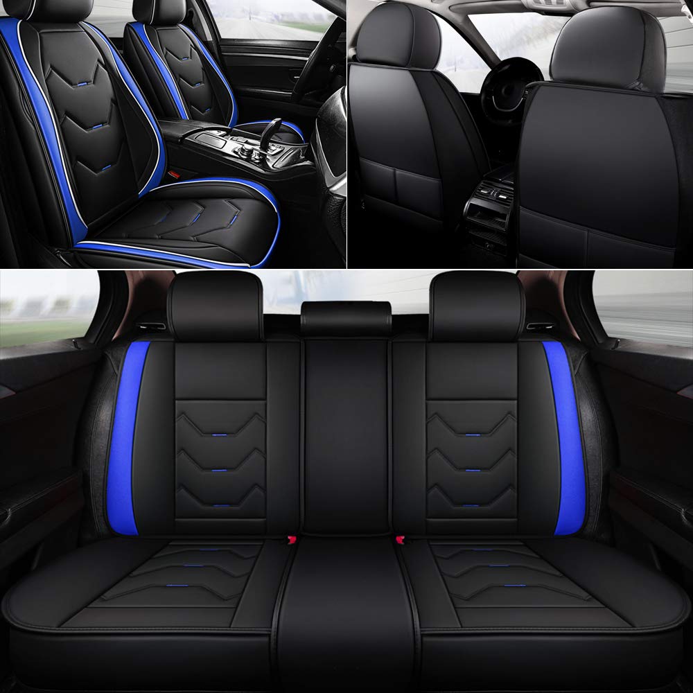 Premium Leather Car Seat Covers Full Set - 5-Seat Universal Fit for Sedans, SUVs & Trucks | Waterproof Front & Rear Seat Protectors in Black & Blue | Perfect for Daily Commute, Road Trips & Family Protection