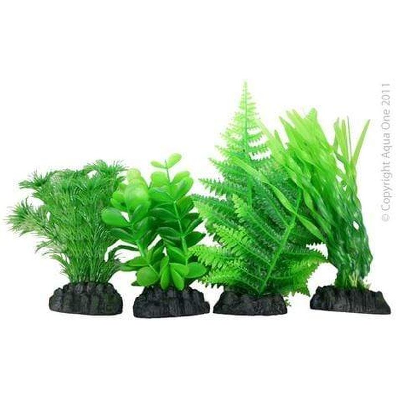 Aqua One Plastic Aquarium Plants 4 Pack - Mixed Colors for Fish Tank Decor, Aquascaping, and Betta Fish Habitat