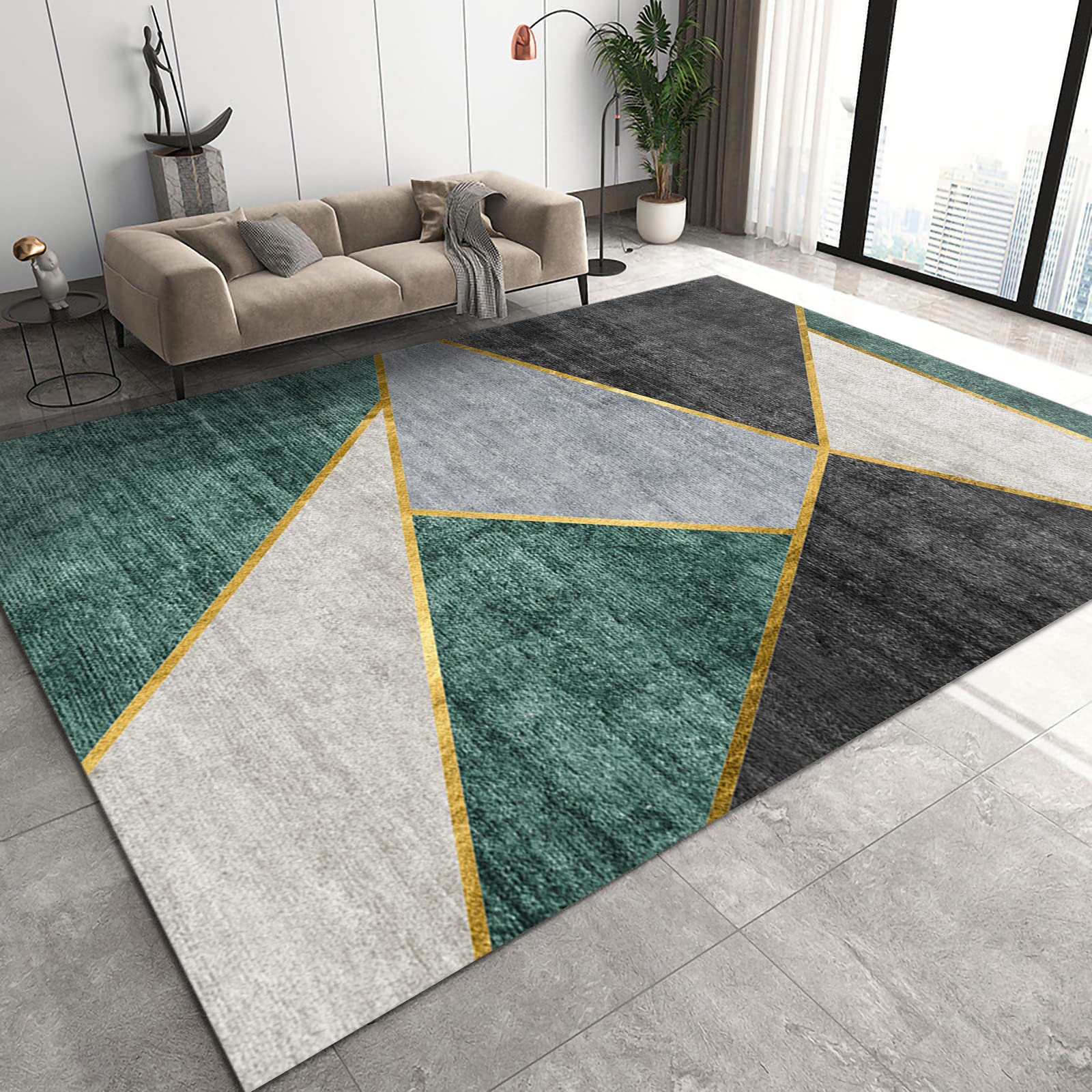 Stylish Modern Geometric Area Rug with Gold Lines - Non-Slip Machine Washable 5x6ft Large Rug for Living Room, Bedroom, Dining Room - Perfect for Farmhouse, Apartment & Office Decor