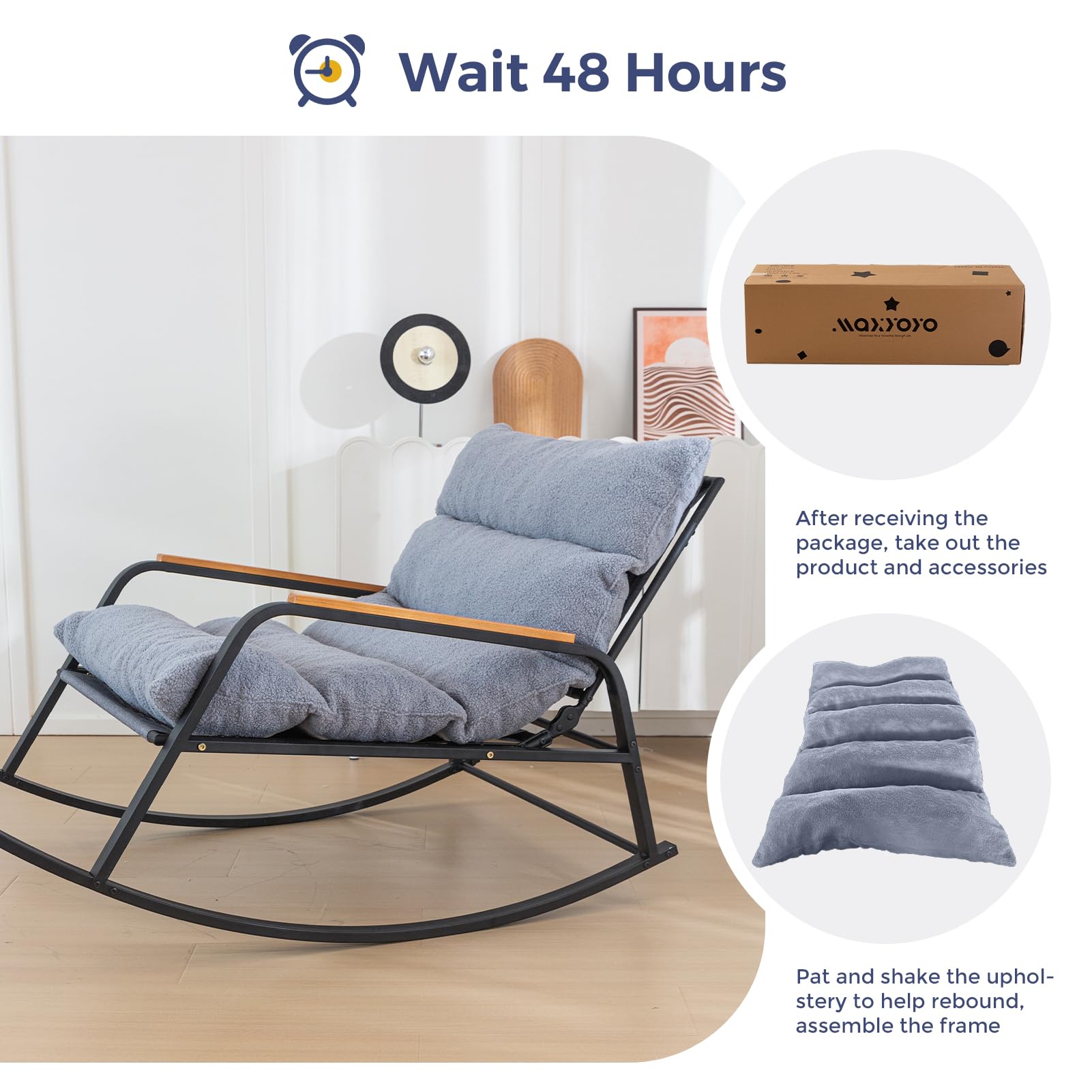 MAXYOYO Boucle Rocking Chair with Adjustable Backrest - Extra Wide Glider Recliner for Living Room, Nursery & Outdoor Use - Soft Grey Fabric - Perfect for Nursing, Relaxing & Reading (Grey)