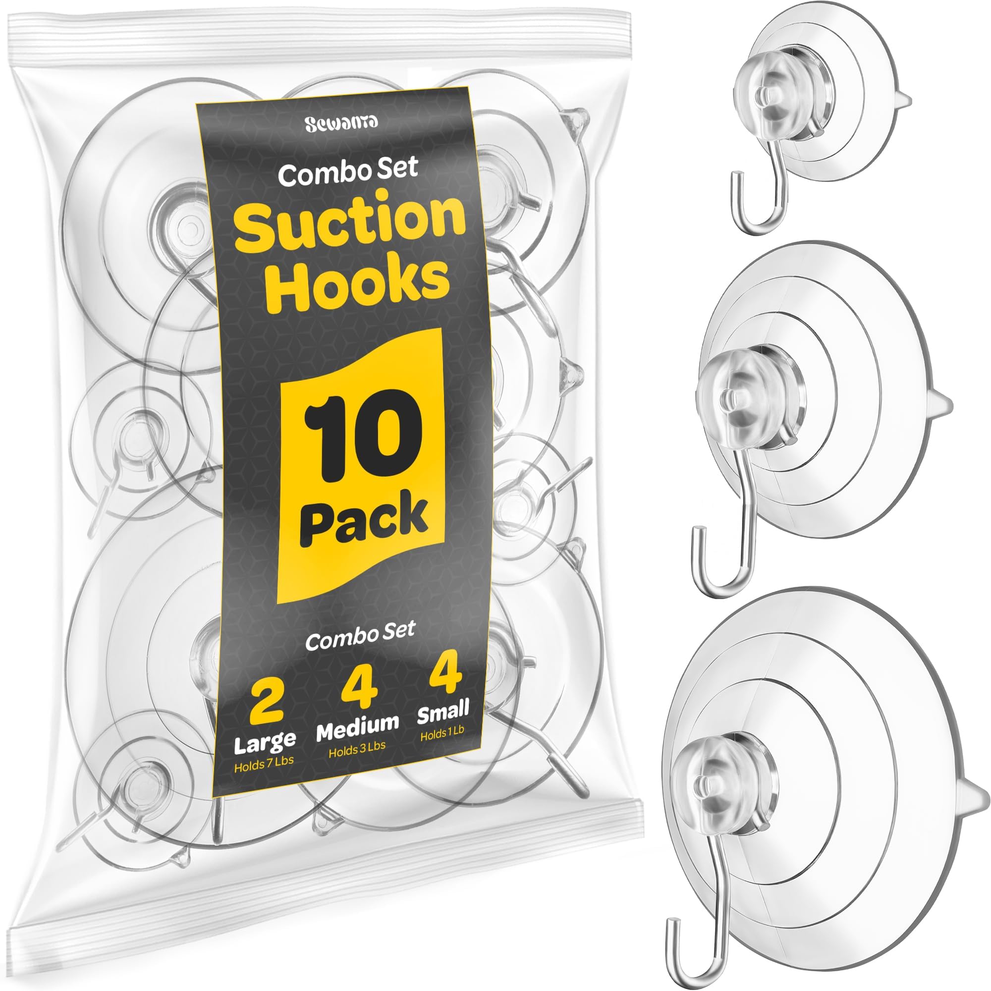 SEWANTA Heavy Duty Suction Cup Hooks - 10 Pack Multi-Size Set (2 Large, 4 Medium, 4 Small) for Glass, Windows, Mirrors, Tiles - Strong Adhesive Hanging Hooks for Bathroom, Kitchen, Office Organization & Home Decor