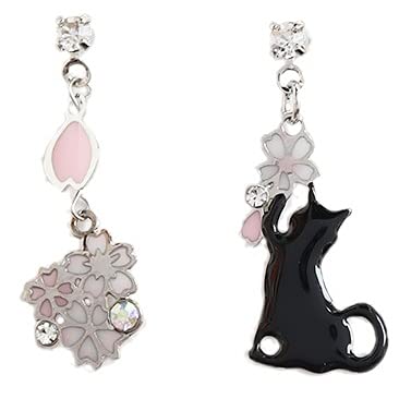 Miyabi Grace Women's Clip-On Earrings - Black & White Cat Dangle Design, Comfortable Non-Pierced Cherry Blossom Leaf Earrings for Sensitive Ears | Perfect for Work, Parties & Special Occasions