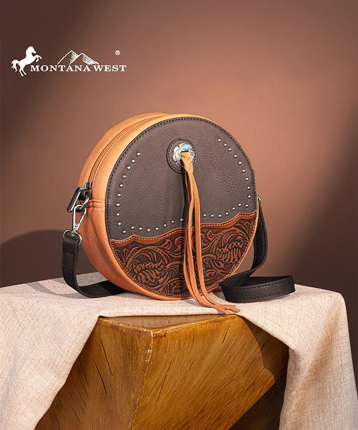 Montana West Tooled Leather Circle Crossbody Bag for Women - Stylish Boho Shoulder Purse for Everyday Use, Travel & Shopping