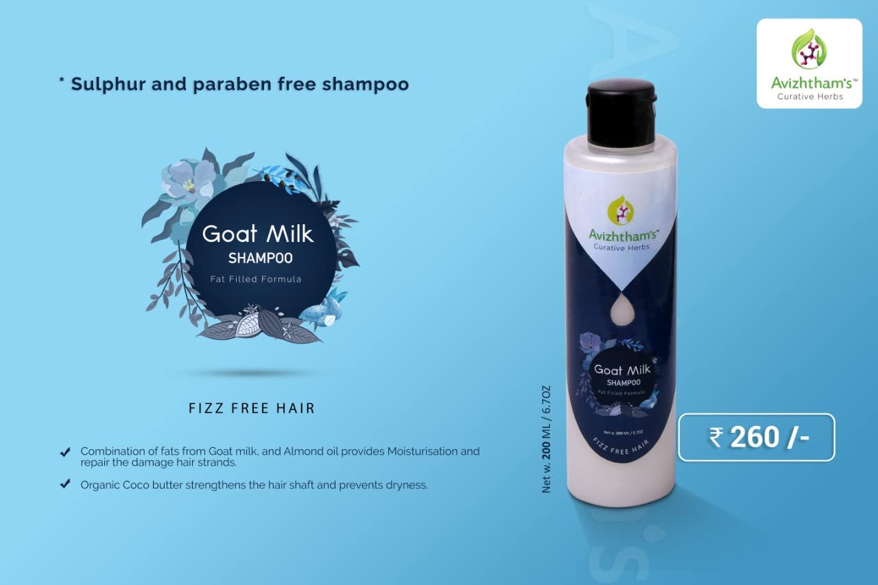 Avizhtham's Herbals Pure & Natural Goat Milk Shampoo for Hair Growth & Shine | Sulfate-Free & Organic | 200ml Bottle | Perfect for Dry, Damaged Hair & Scalp Care