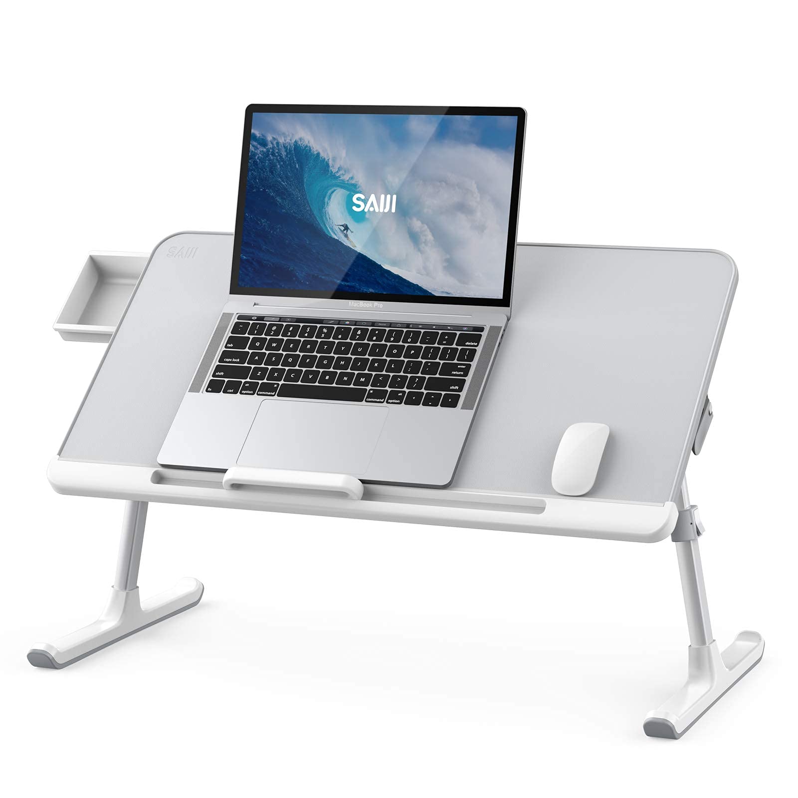 SAIJI Adjustable Laptop Bed Tray Desk - Foldable Portable Lap Desk with Storage Drawer, PVC Leather Surface, Ergonomic Laptop Stand for Sofa, Couch, Bed & Floor Use (Large Size, Gray & Black) - Perfect for Home Office, Remote Work & Relaxing in Bed