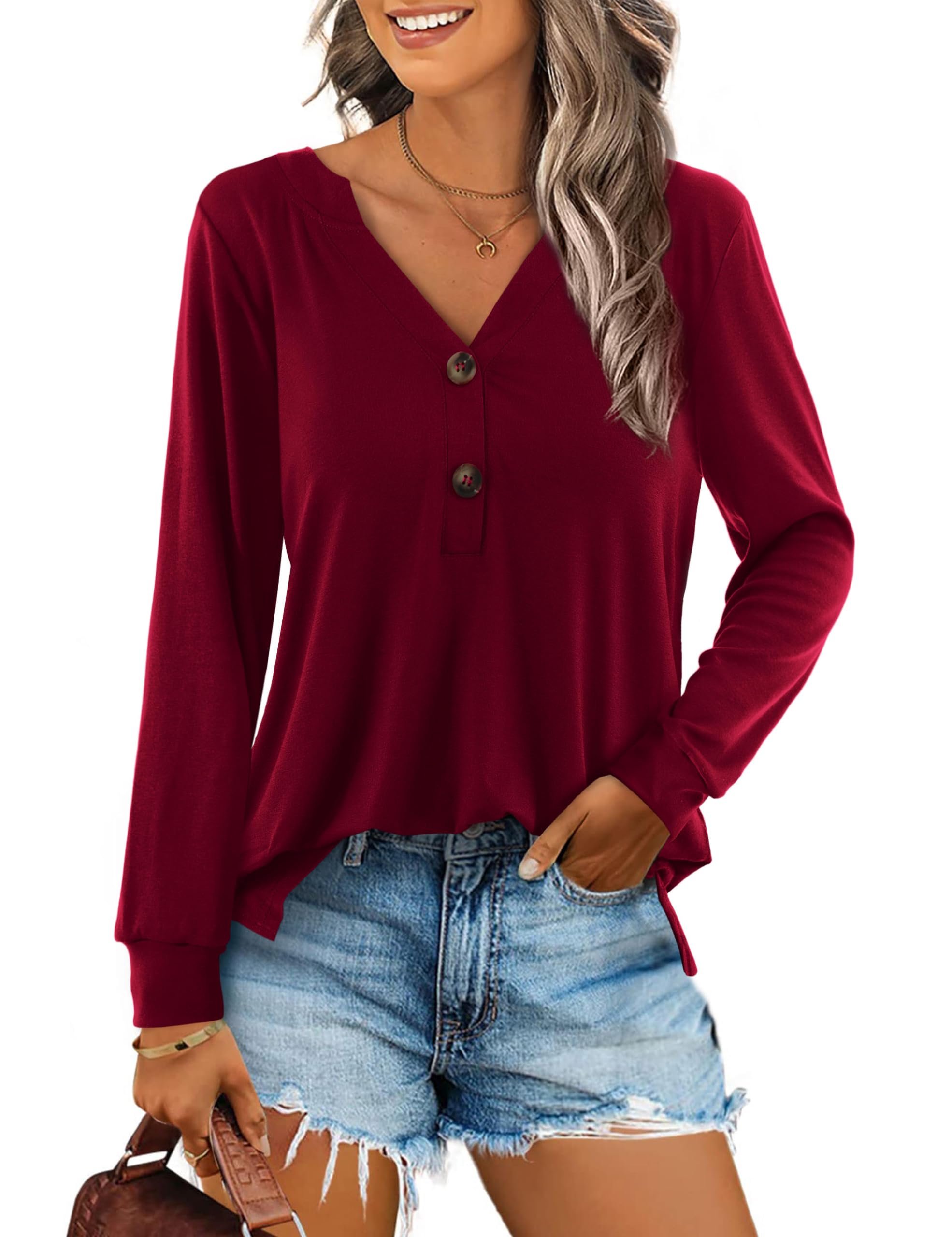 Beluring Women's Long Sleeve Button Down Shirt - V Neck Casual Loose Blouse Top for Work, Office & Everyday Wear | Soft Comfortable Tee for Fall & Winter