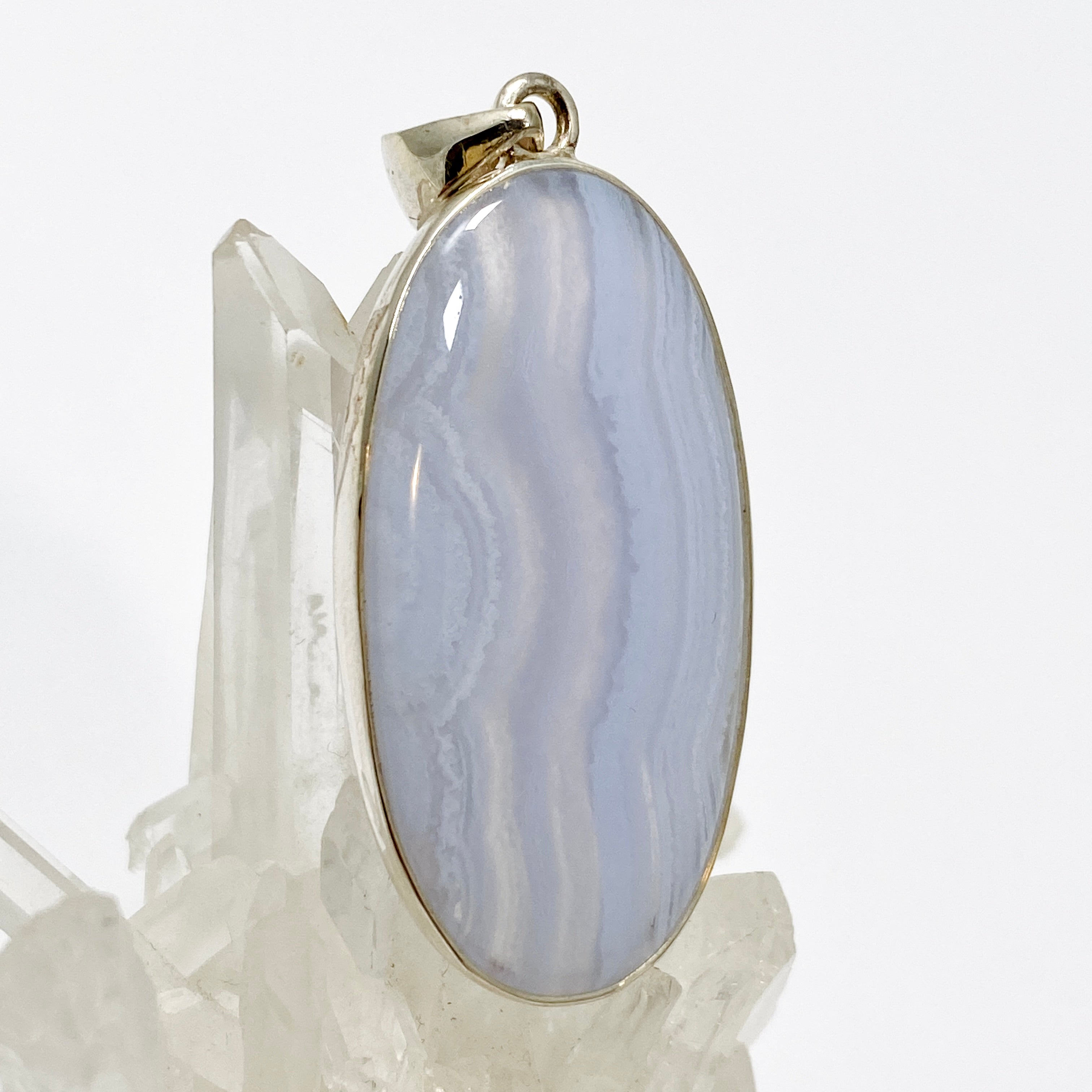 Blue Lace Agate Oval Cabochon Pendant - Natural Stone Jewelry KPGJ4823 for Women's Necklace, Healing Crystal Gift for Meditation & Spiritual Protection