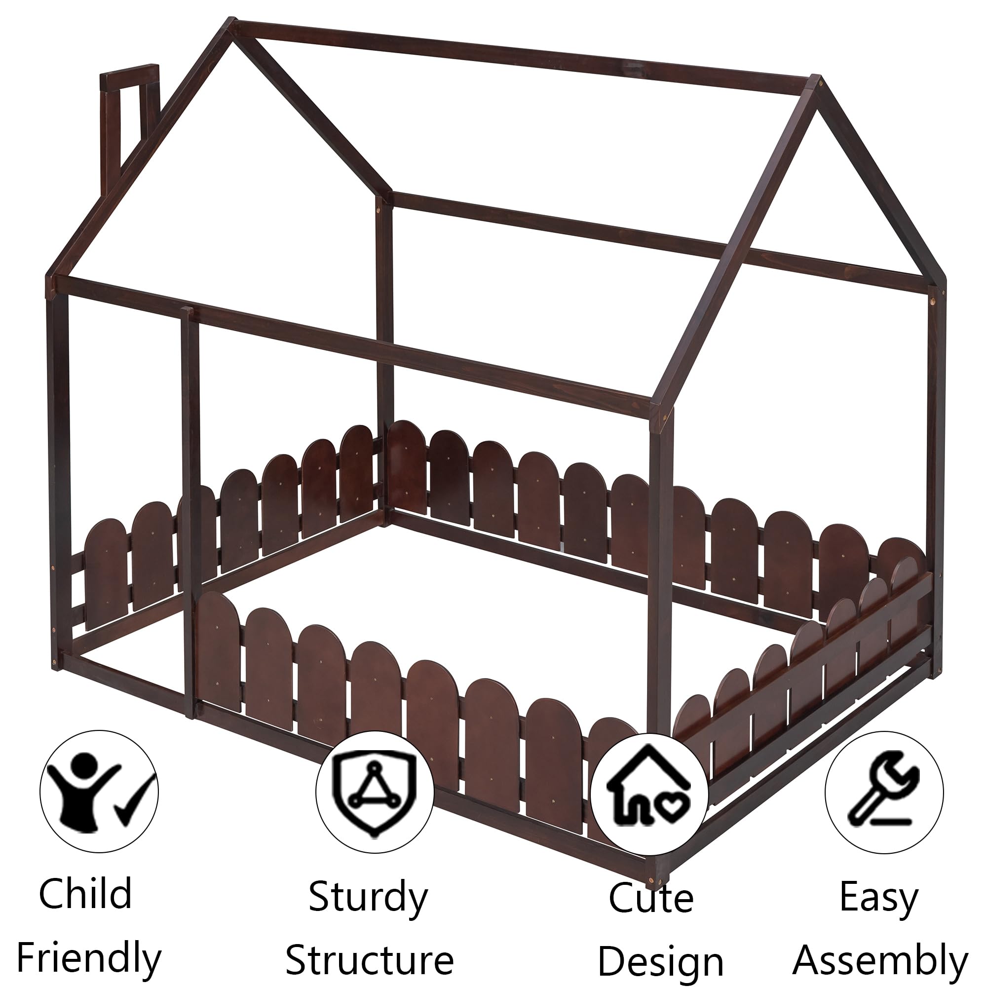 Harper & Bright Designs Full Size House Bed for Kids - Montessori Floor Bed with Safety Guardrails, Solid Wood Frame for Boys & Girls (Full, Espresso) - Perfect for Montessori Bedrooms, Playrooms & Safe Toddler Sleep
