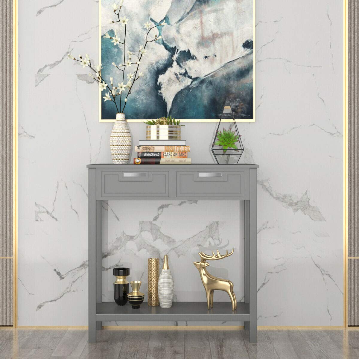 Modern Gray Entryway Sofa Accent Console Table with 2 Drawers - Sturdy Waterproof Storage Shelf for Bedroom, Living Room & Hallway - Perfect for Small Space Organization & Home Decor