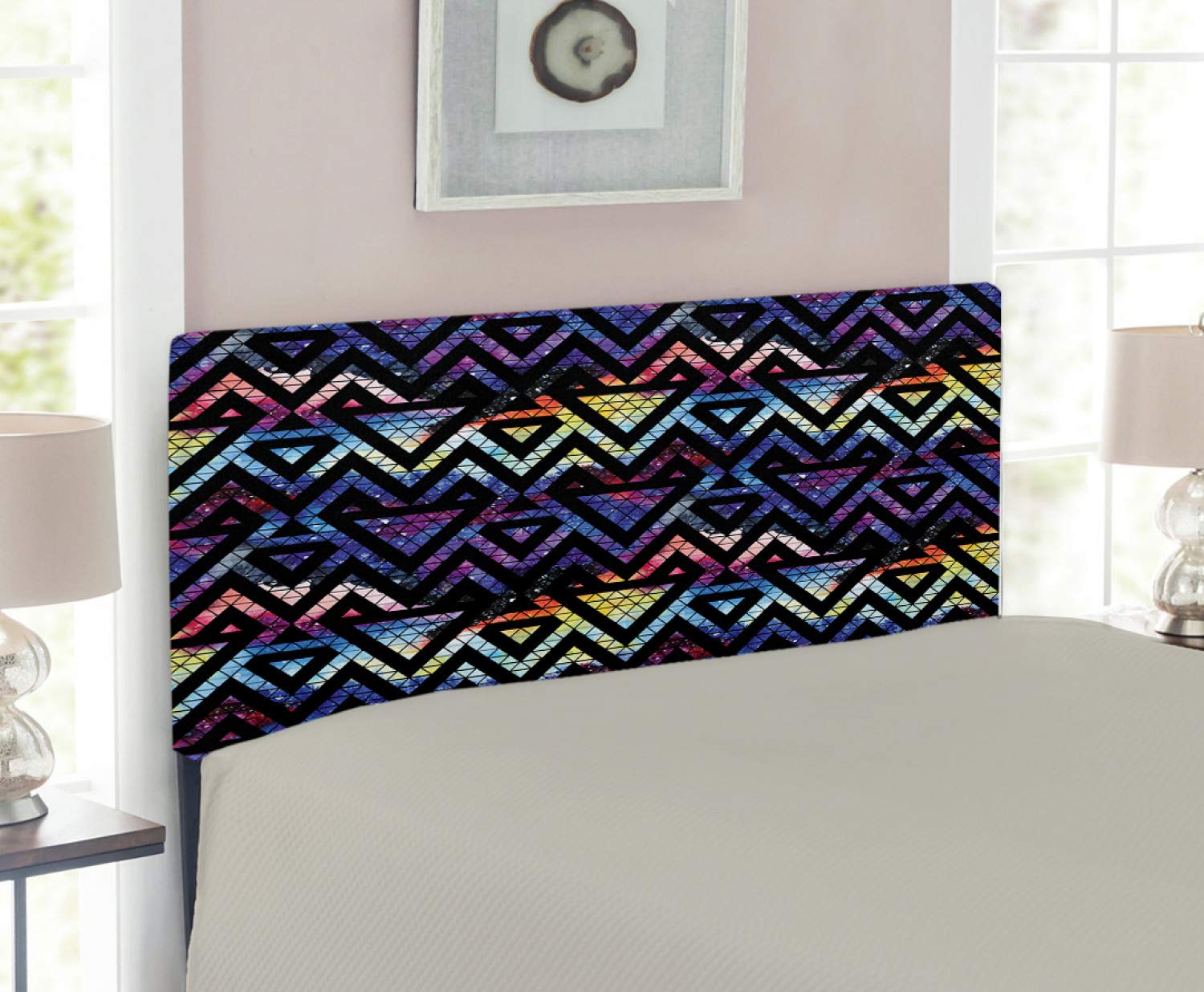 Ambesonne Geometric Headboard with Galaxy Theme - Upholstered Metal Bed Frame with Memory Foam, Twin Size, Multicolor Triangles & Lines Lace Pattern - Perfect for Modern Bedroom Decor & Space-Themed Kids Room
