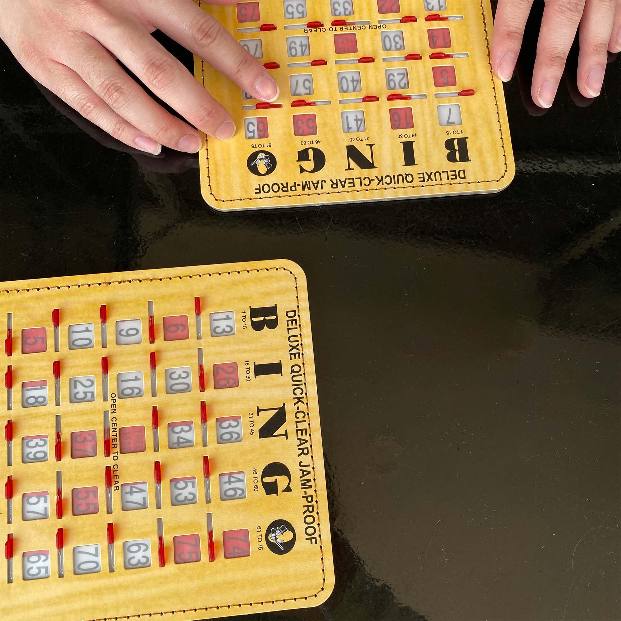 MR CHIPS Jam-Proof Quick-Clear Deluxe Fingertip Slide Bingo Cards with Sliding Windows - 100 Pack Woodgrain Style - Perfect for Bingo Nights, Family Game Nights, and Senior Activities