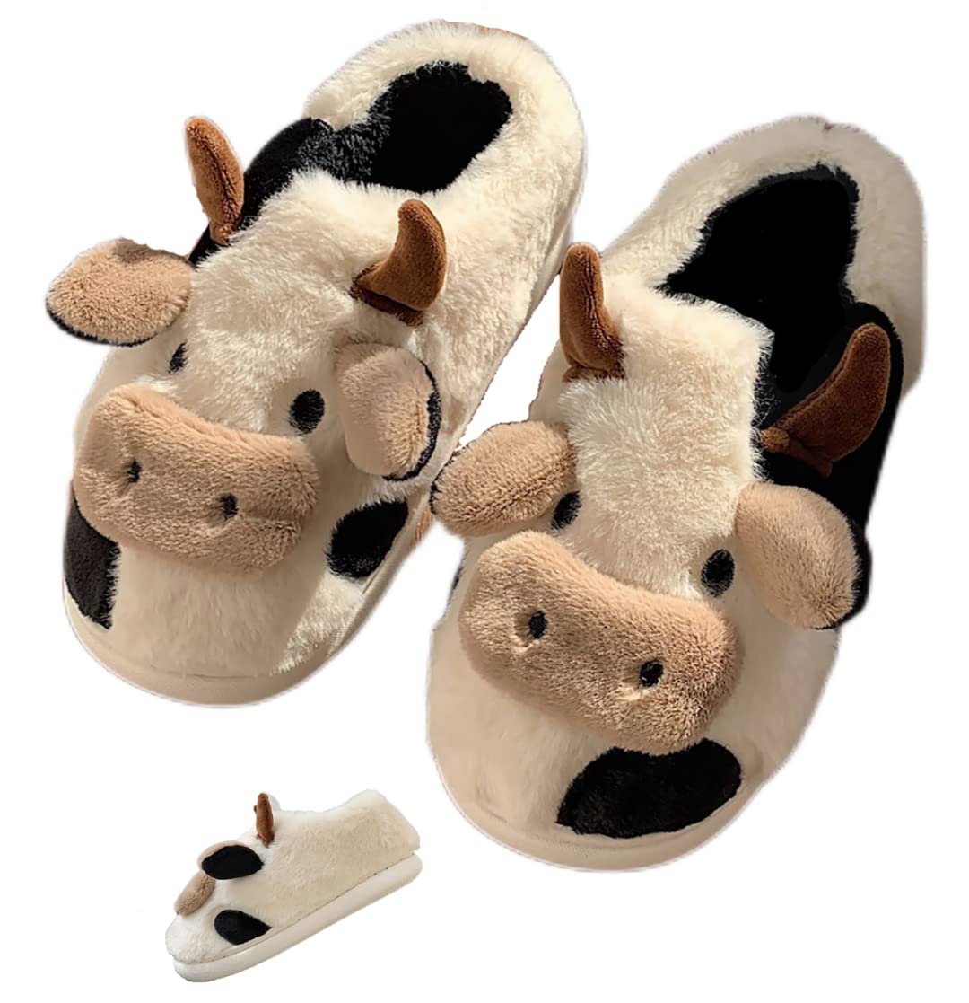 Cozy Unisex Cow Print Slippers - Soft Fluffy Closed Toe & Back House Shoes for Women & Men | Non-Slip Indoor Slides for Home, Dorm, Lounge & Winter Comfort