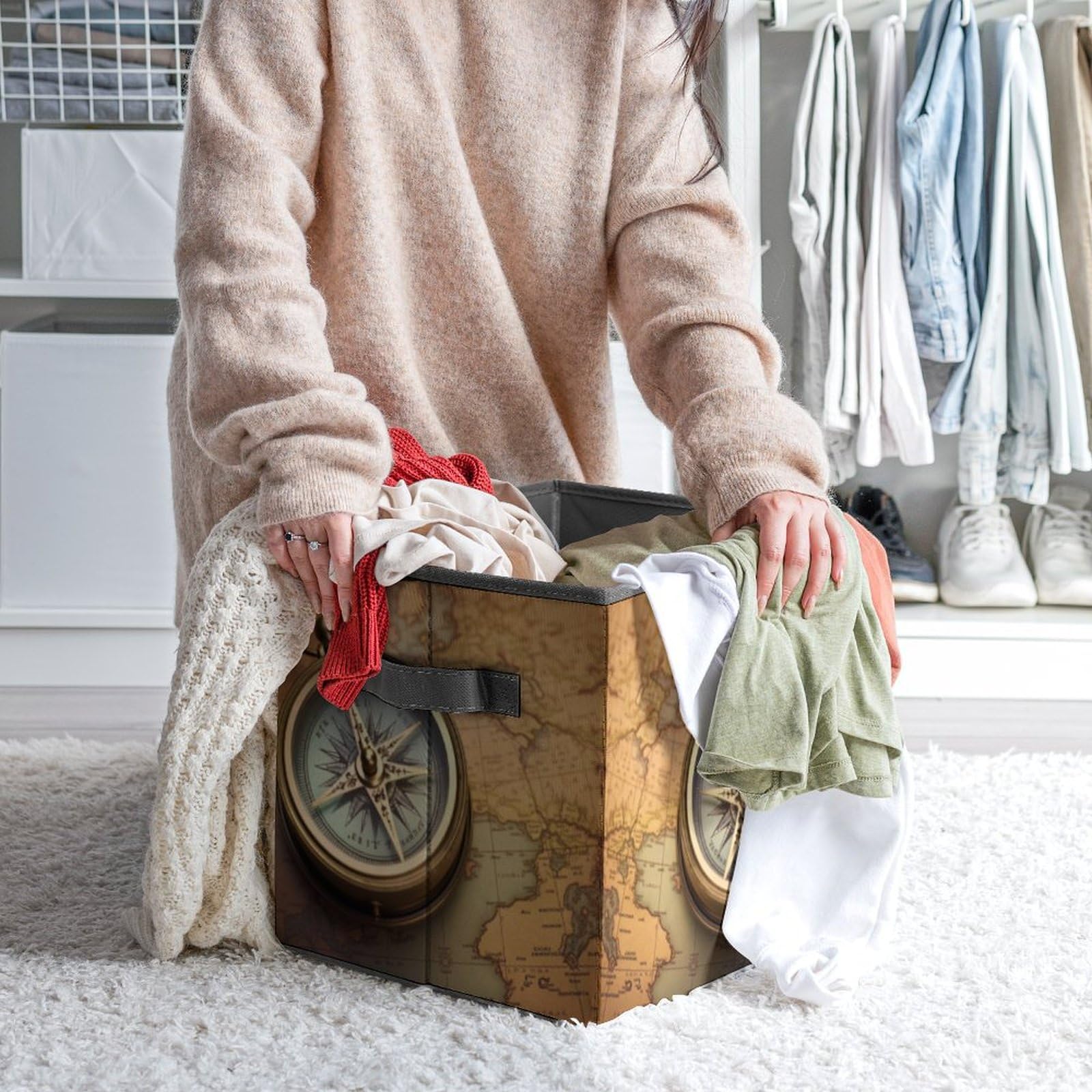 Collapsible Storage Cubes with Handles - 10.6×10.6 Inch Foldable Fabric Bins for Home Organization | Old Compass Design | Perfect for Closet, Nursery, Office & Laundry Room Storage