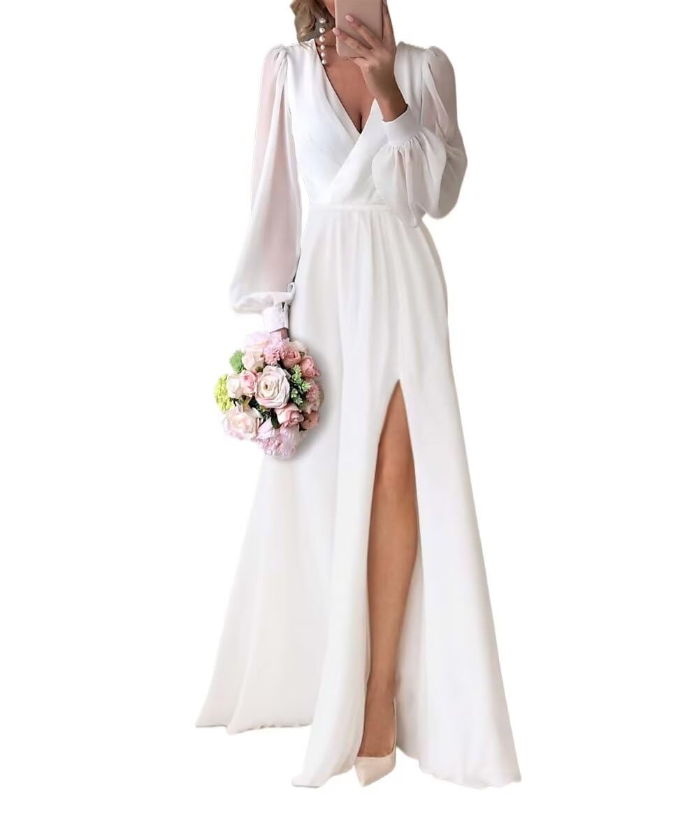 2024 Boho Wedding Dresses for Bride - Elegant Long Sleeve Chiffon Bridal Gowns with Slit | Perfect for Beach, Garden & Outdoor Boho Chic Weddings