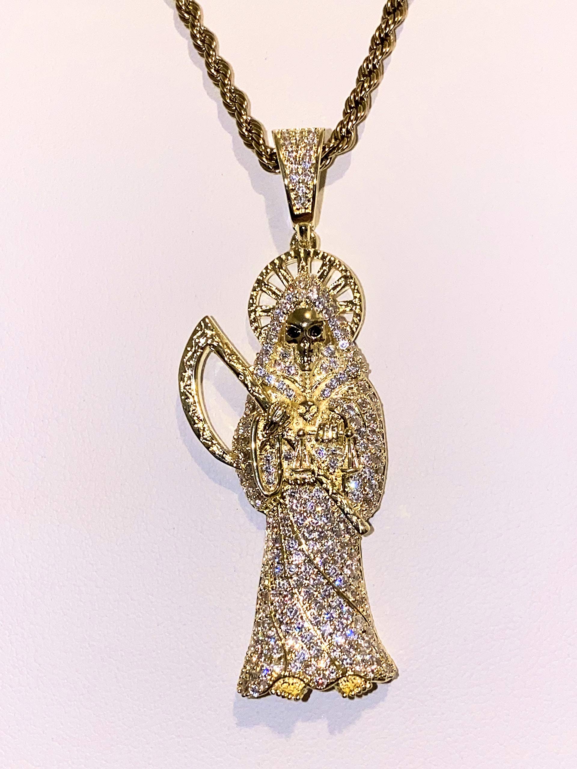925 Sterling Silver Santa Muerte Pendant with Gold Finish & Iced Out Design - 2mm Stainless Steel Rope Chain Necklace for Men & Women - Perfect for Gifts, Everyday Wear, and Spiritual Protection Jewelry