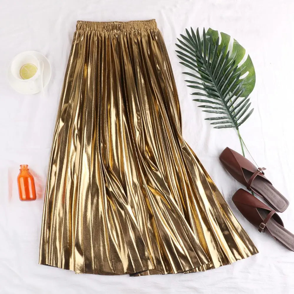 Elegant High Waist Pleated Midi Skirt for Women - Black, Silver & Gold Solid Colors | Perfect for Office, Party & Casual Wear