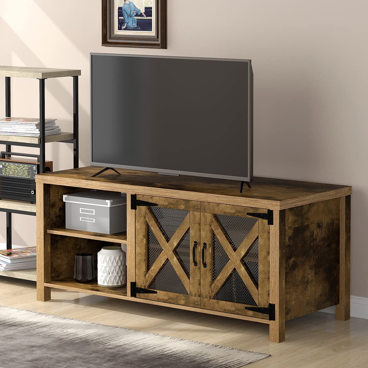 Dark Brown TV Stand with Barn Door - 2 Open Compartments & Cable Management for TVs Up to 57 Inches - Perfect for Living Room, Bedroom & Home Theater Setup