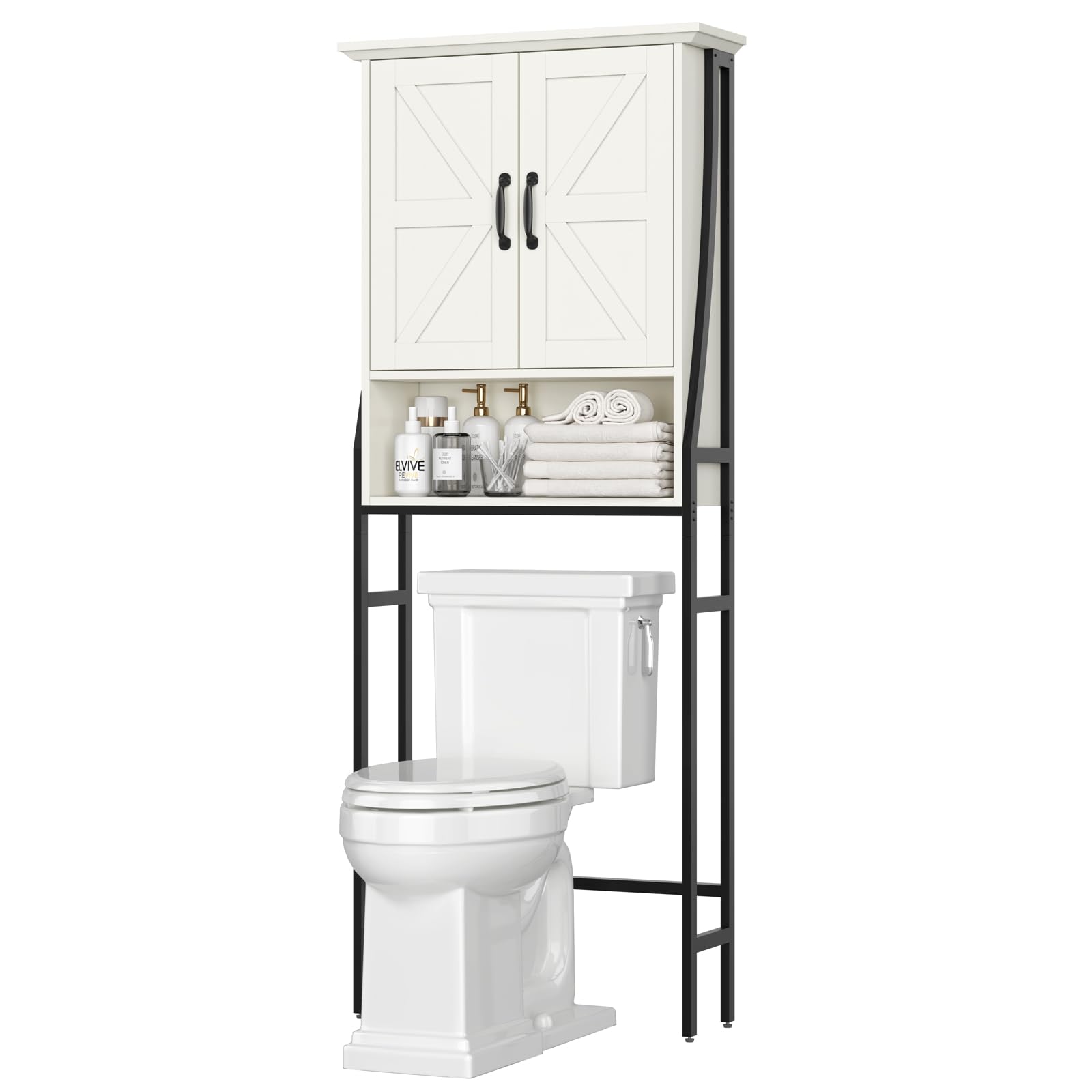 Over The Toilet Storage Cabinet with Barn Doors - White Bathroom Organizer Shelf for Towels, Toiletries & Decor - Space Saving Above Toilet Storage for Small Bathrooms & Apartments