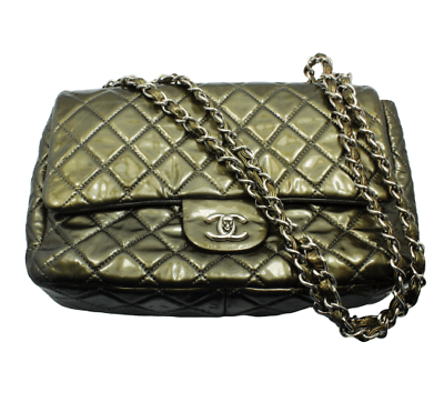 Authentic 2008 Chanel Classic Jumbo Quilted Patent Leather Handbag in Rare Olive Green - Luxury Designer Purse for Women, Perfect for Evening Events & Special Occasions