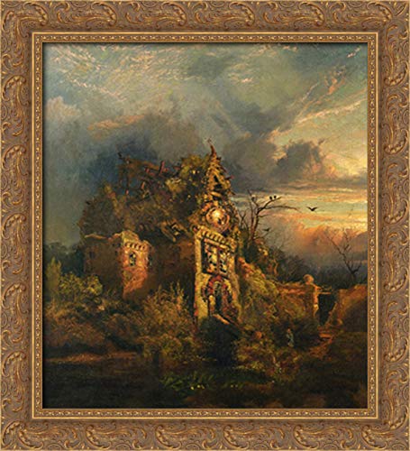 Haunted House 20x22 Gold Ornate Wood Framed Canvas Art by Thomas Moran - Gothic Home Decor for Halloween, Living Room Wall Art, Spooky Vintage Painting for Bedroom & Office