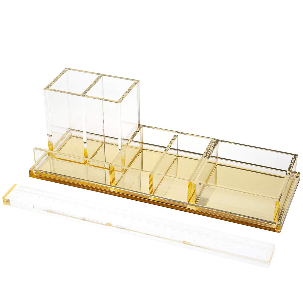 4-Piece Acrylic Desk Organizer Set with Free Ruler - Gold Office & Home Desktop Organization for Pens, Paper Clips & Stationery