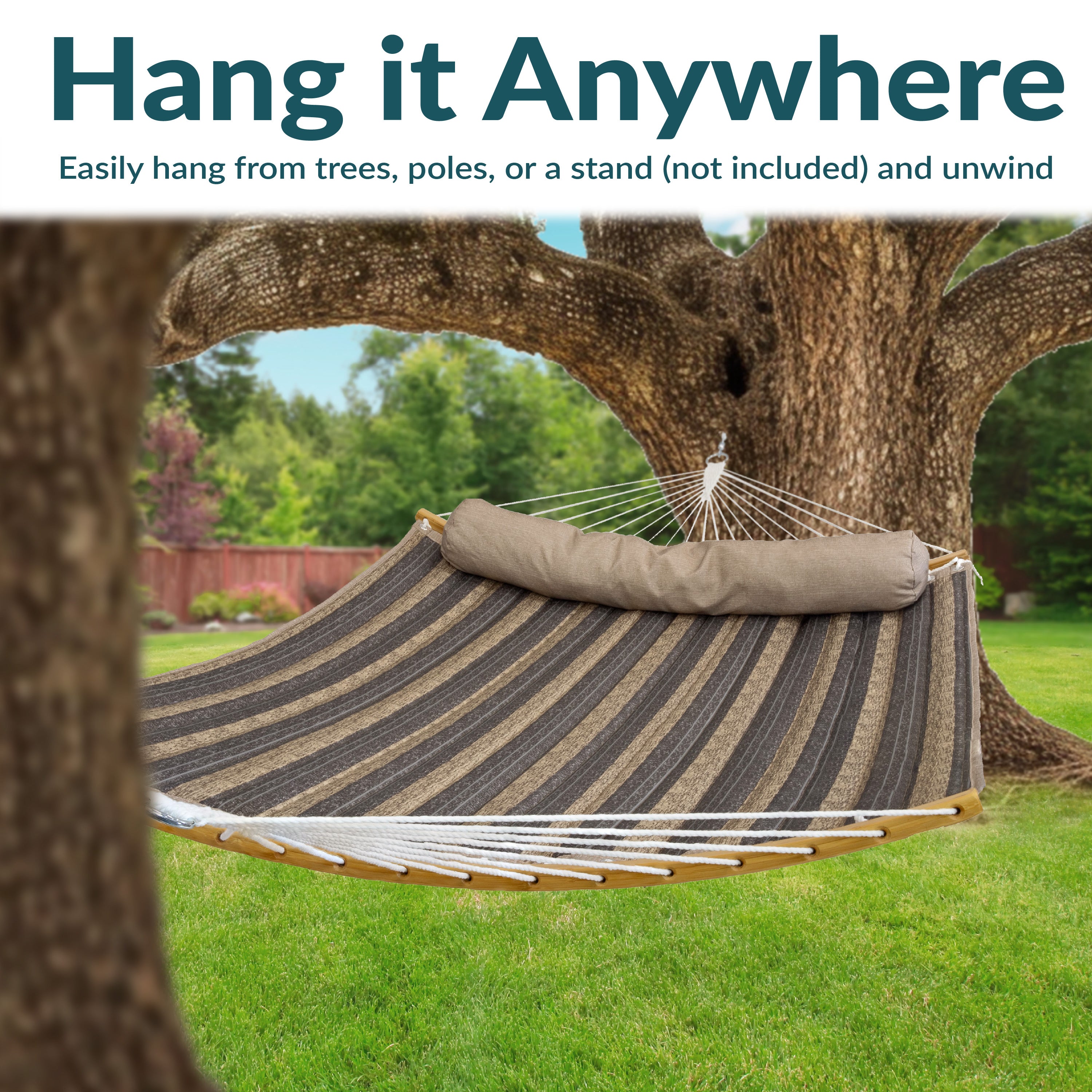 Premium Sunnydaze Quilted Outdoor Hammock with Curved Bamboo Spreader Bar & Comfort Pillow - Perfect for Backyard, Patio, Camping & Relaxation