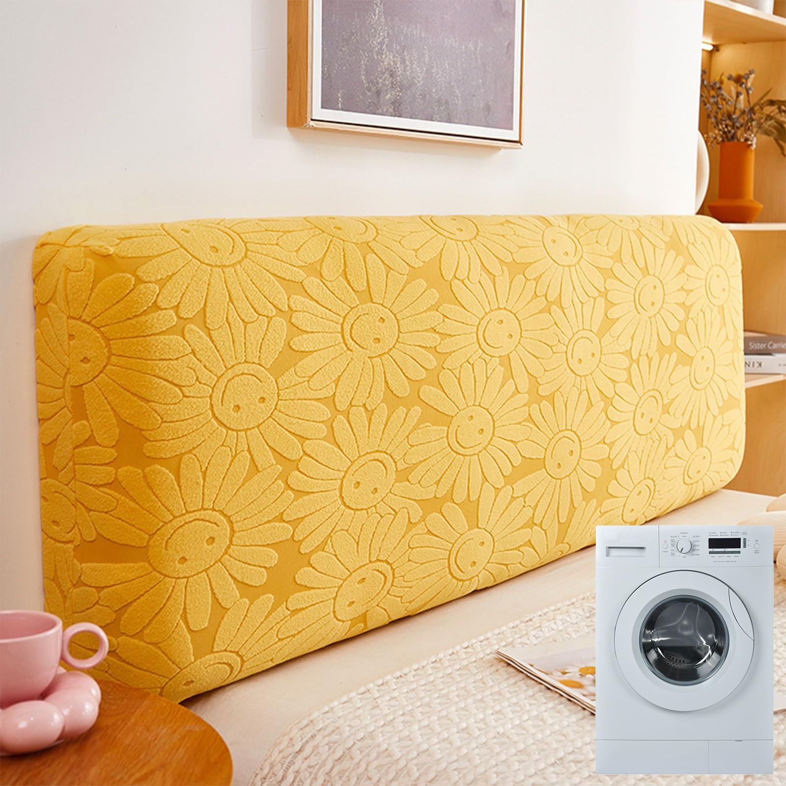 Stretchable Velvet Bed Headboard Cover for Full, Queen & King Size Beds - Washable Dustproof Slipcover Protector (Yellow, 47.24 Inches) - Perfect for Bedroom Decor, Hotel Style Upgrade & Mattress Protection