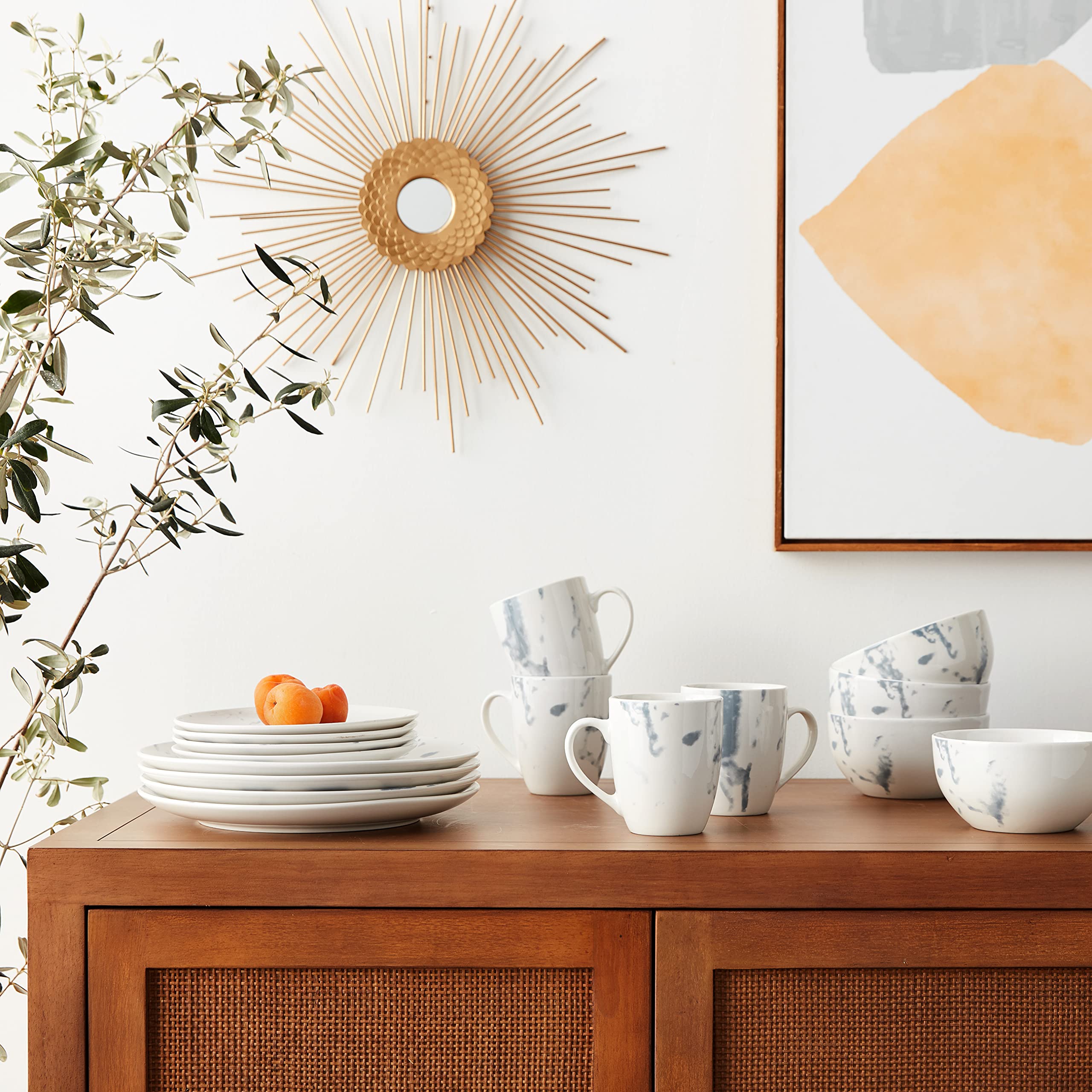 American Atelier 16-Piece Round Dinnerware Set - White & Blue Stoneware Plates, Bowls & Mugs | Marble Design 10.5