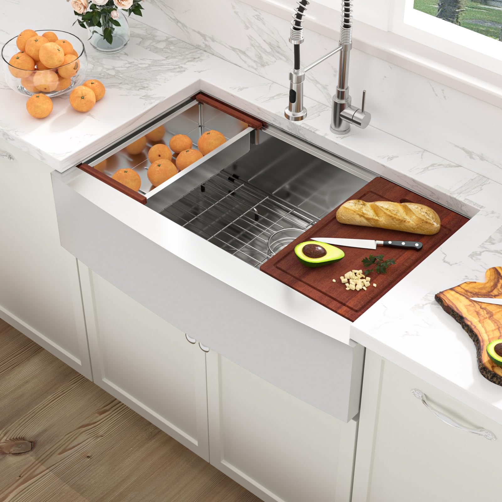 36-Inch Farmhouse Kitchen Sink - 16 Gauge Stainless Steel Apron Front Single Bowl Undermount Sink with Ledge Workstation (36x22 Inch) | Perfect for Modern Farmhouse, Rustic & Luxury Kitchen Designs