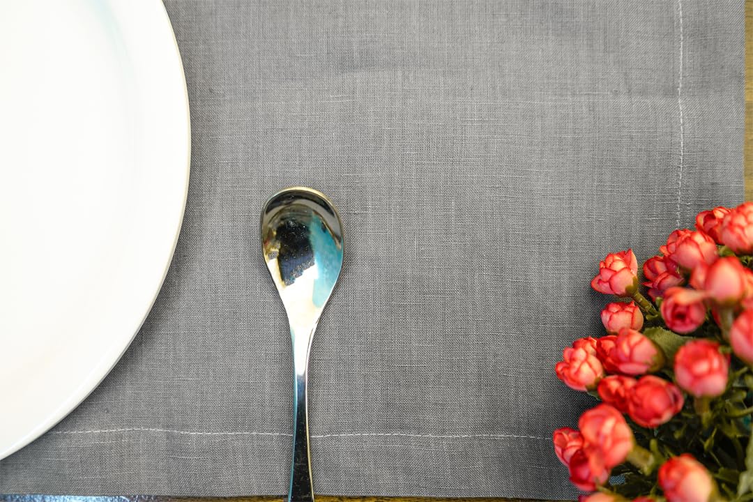 Premium 100% French Flax Linen Placemats Set of 12 (14x19 Inch) - Stone Washed for Softness & Durability, Heat Resistant Table Mats for Dining Room Decor - Elegant Stone Grey - Perfect for Dinner Parties, Holiday Gatherings & Everyday Use