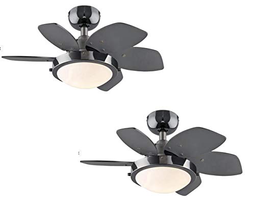 24 Inch Small Ceiling Fan with Light - 2 Pack, Quince Indoor Ceiling Fan in Gun Metal Finish, Reversible Black/Graphite Blades, LED Light Fixture with Opal Frosted Glass - Perfect for Bedroom, Living Room, and Office Spaces