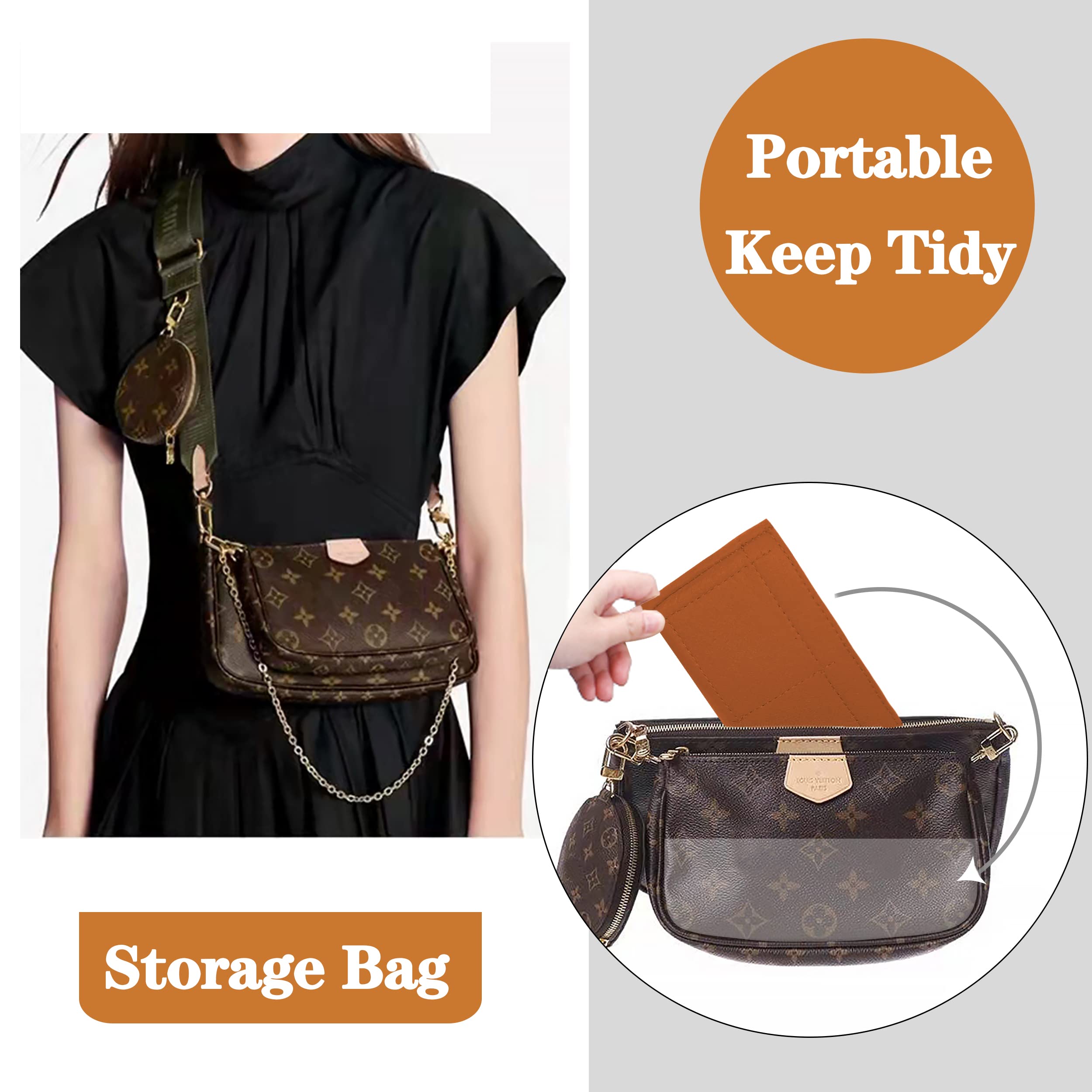Soyizom Handbag Organizer Insert - 2 Pack Tote Bag Organizer with Zipper Pocket & Keychain - Perfect Fit for Multi Pochette Accessories Bag Series (Brown) | Keep Your Purse Neat & Organized for Work, Travel & Daily Use