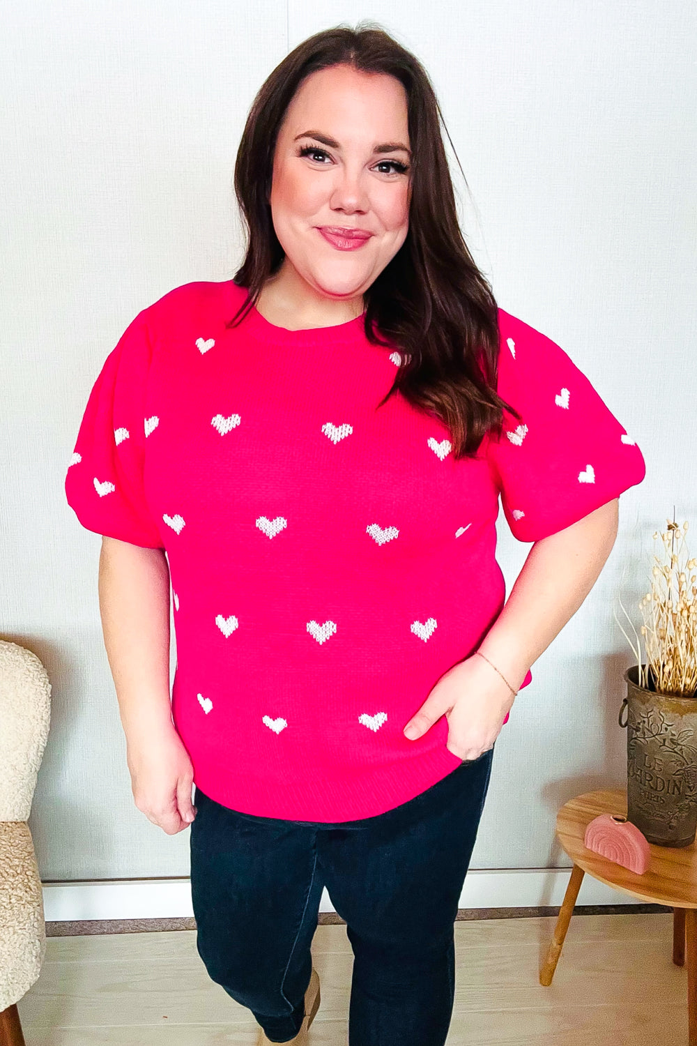 Be Mine Pink & White Heart Oversized Jacquard Sweater | Women's Valentine's Day Knit Pullover | Cozy Winter Fashion for Date Night & Casual Outings