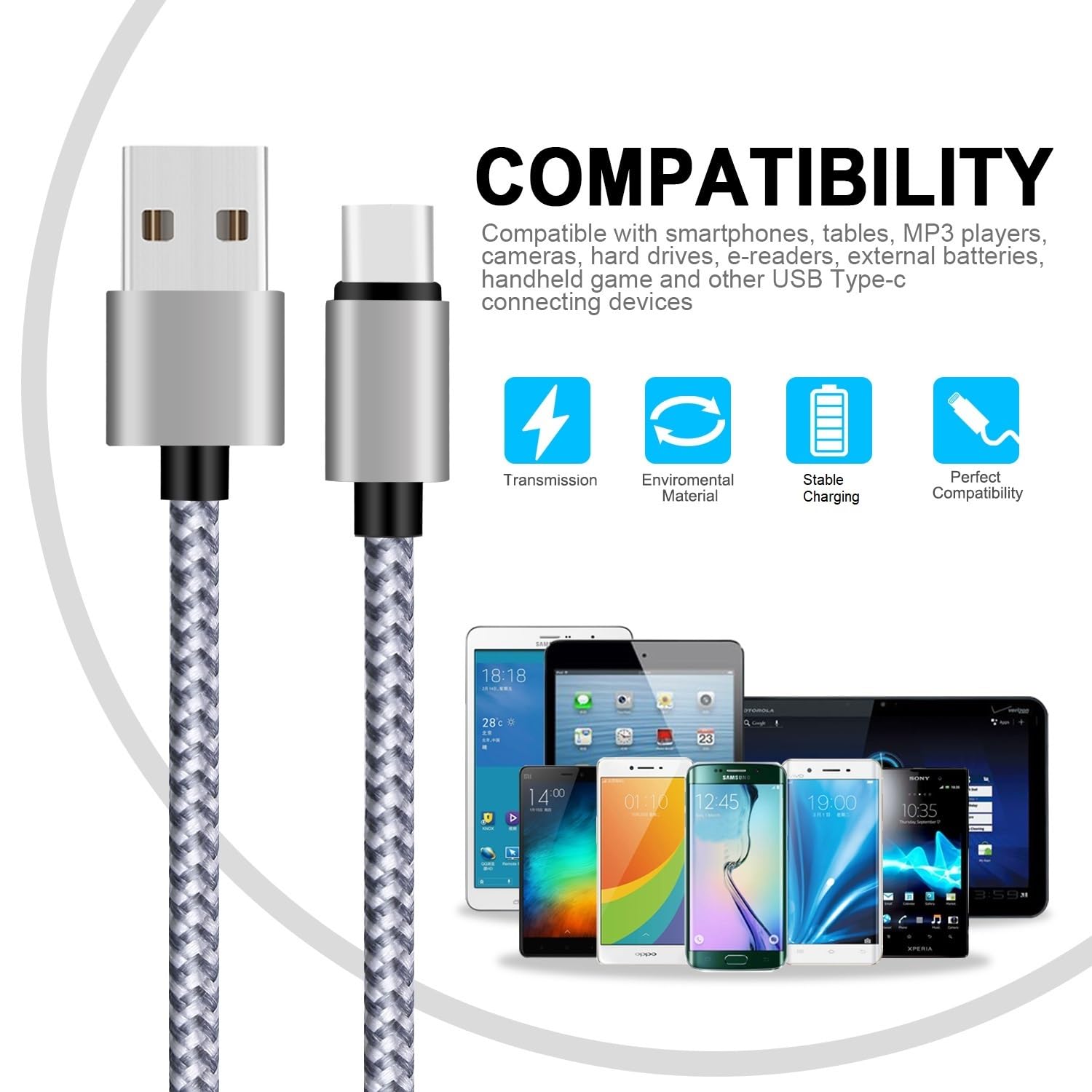 10ft USB C Cable 2-Pack - Nylon Braided Fast Charging Cord (3A) for iPhone 16/15/14/13/12, Samsung Galaxy S25/S24/S23/S22, iPad Pro - Durable USB to USB-C Charger for Home, Office & Travel