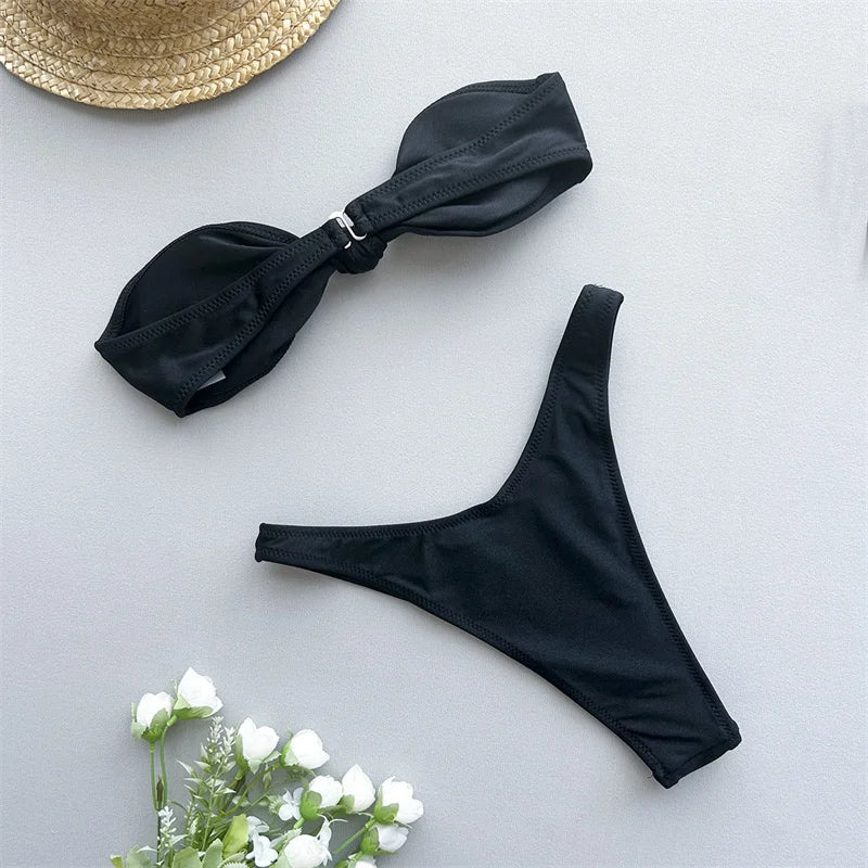 Women's High Cut Bikini Set 2024 - Brazilian Knotted Bandeau & Cheeky Bottoms Swimwear | Sexy Two Piece Bathing Suit for Beach, Pool & Vacation