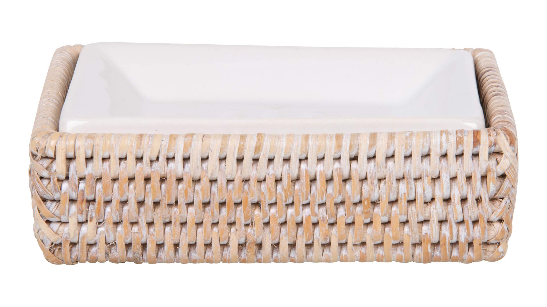 Kouboo La Jolla White-Washed Rattan Rectangular Soap Dish - Bathroom Organizer for Sink Countertop, Shower Shelf & Vanity Decor
