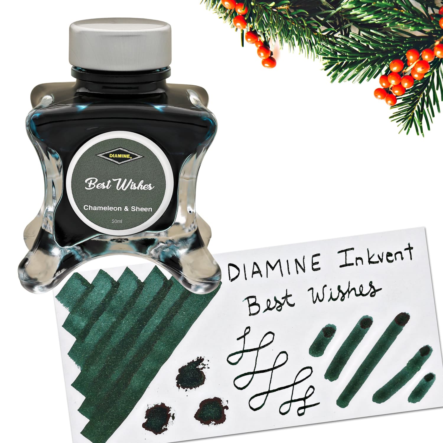 Diamine Inkvent Green Edition Chameleon & Sheen Fountain Pen Ink - 50mL Bottle for Calligraphy, Journaling & Artistic Writing | Best Wishes Collection