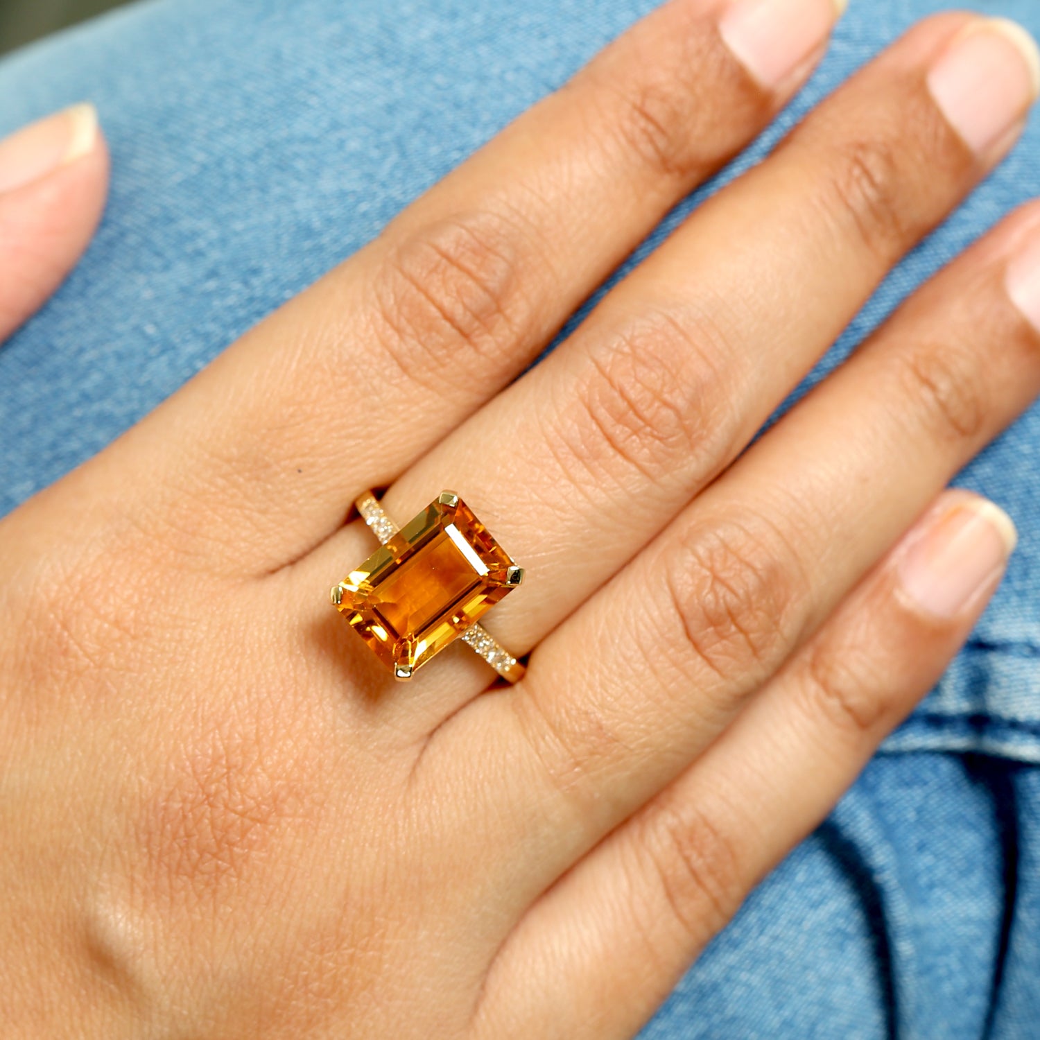 14K Yellow Gold Baguette Cut Citrine Solitaire Ring with Pave Diamond Accents - Perfect for Engagement, Anniversary & Special Occasion Gifts