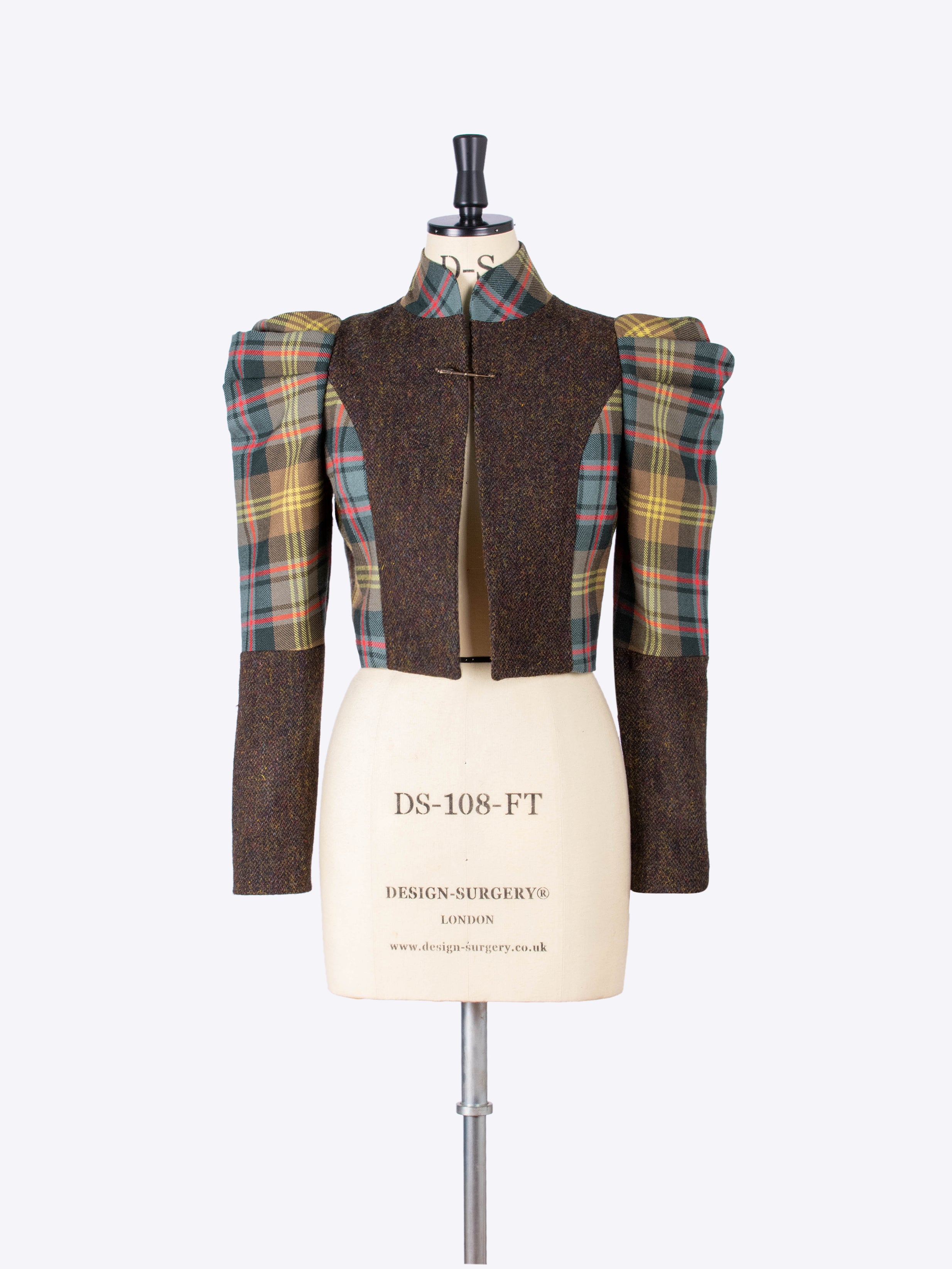 Elegant Puff Sleeve Bolero Jacket - Limited Edition Brown Tartan & Harris Tweed Blend - Perfect for Fall Weddings, Office Wear & Holiday Parties