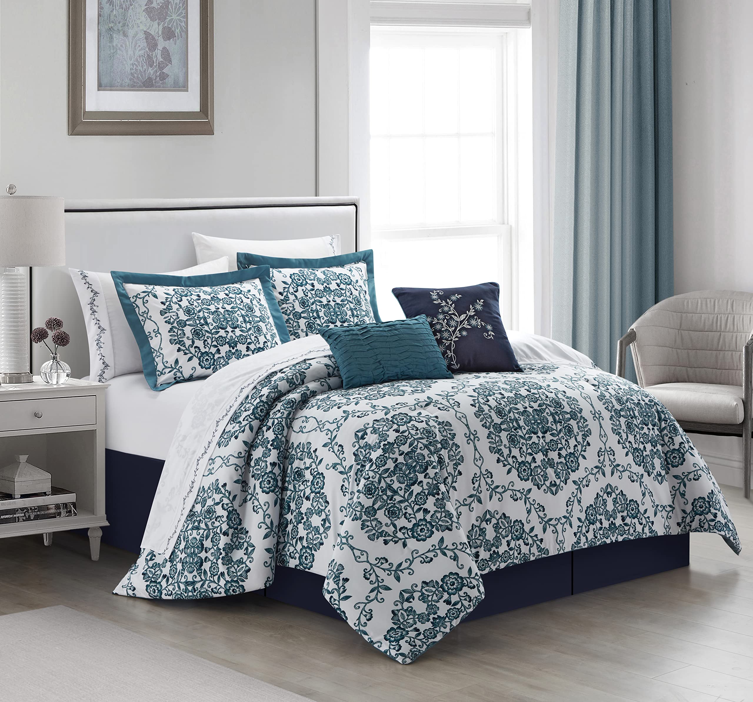Premium King Size Comforter Set - 10 Piece Blue & White Microfiber Bedding Collection with Flat Sheet, Fitted Sheet, Bedskirt & Pillow Shams | Soft Luxury Bedding for Master Bedroom, Guest Room & Hotel Decor