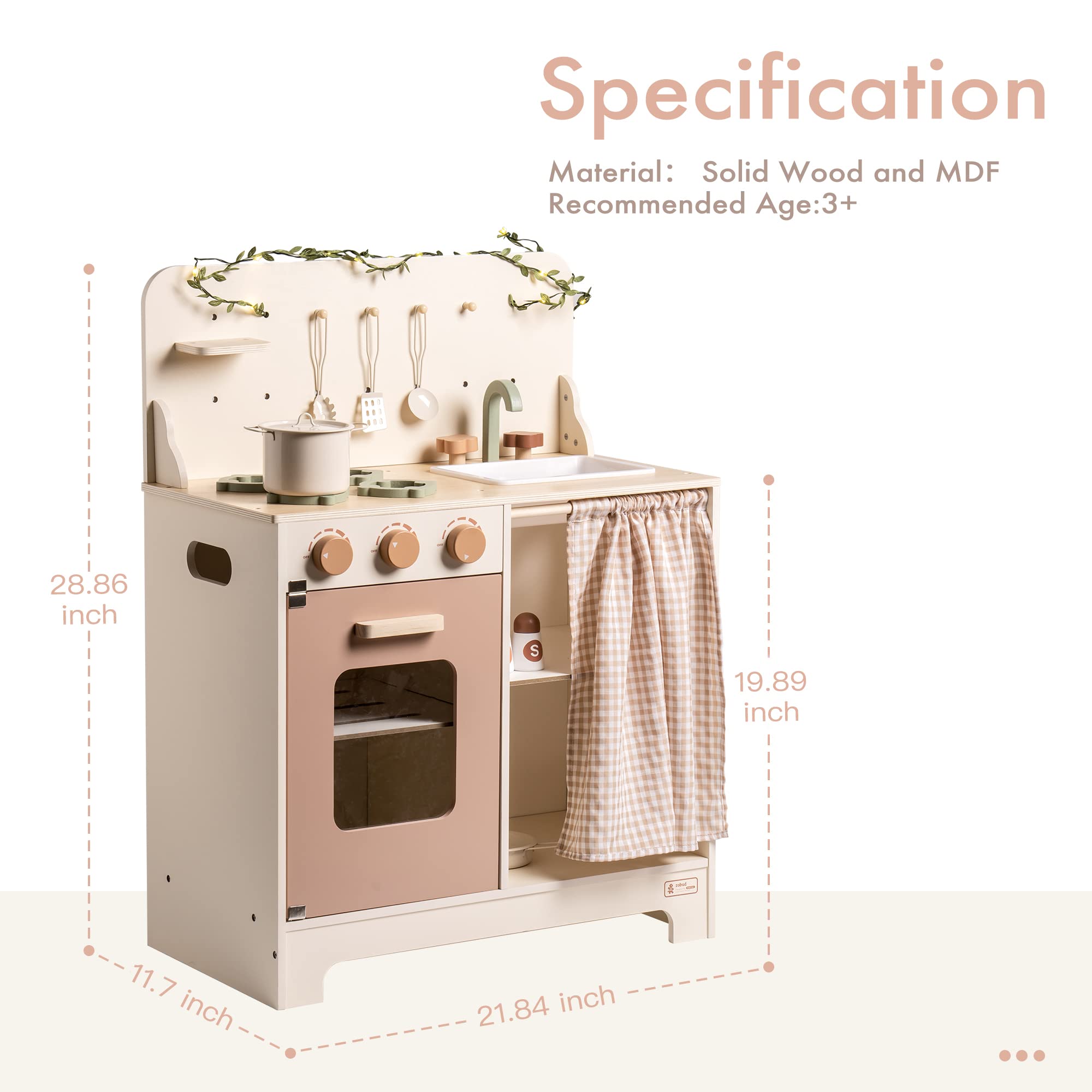 ROBOTIME Rustic Wooden Play Kitchen Set for Kids - Pretend Play Kitchen with Leaf Light String, Apron, and Gloves, Perfect for Toddlers 3+ (Rustic Style) - Ideal for Home, Preschool, and Daycare Pretend Play