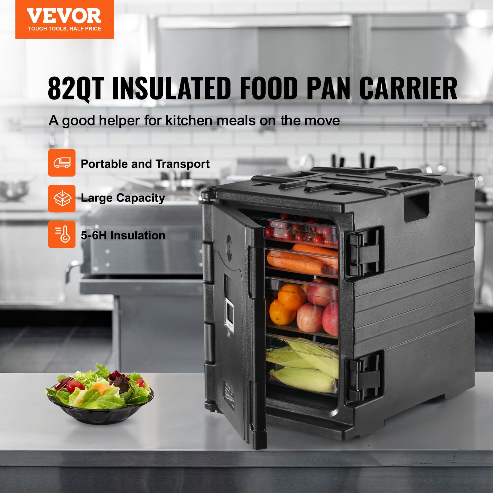 VEVOR 82 Qt Insulated Food Pan Carrier - Hot Box for Catering & Restaurants | Double-Buckle LLDPE Food Warmer with Handles | Stackable Front-Loading End Loader | Perfect for Buffets, Canteens & Food Delivery Services