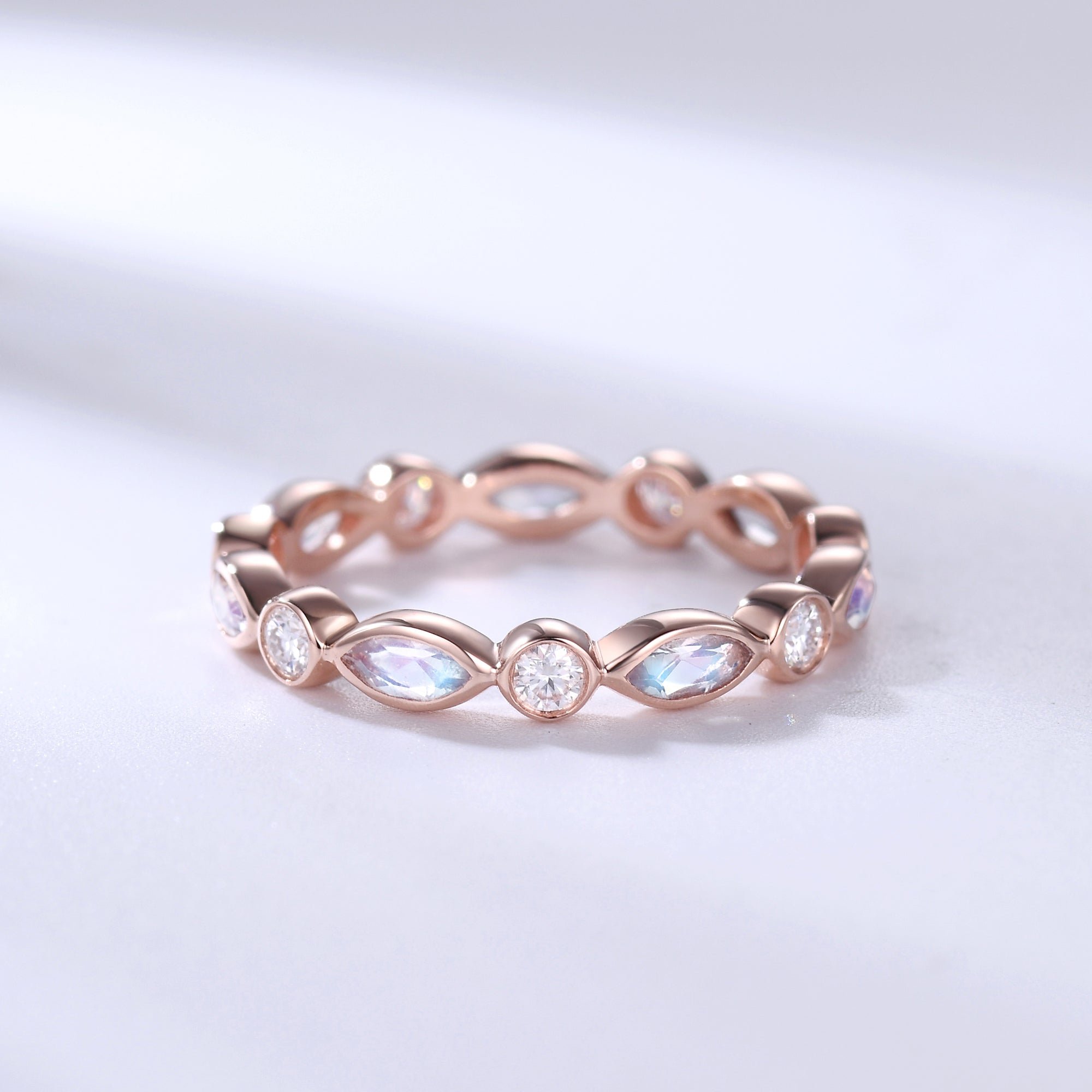 Vintage Moonstone Wedding Band - Moissanite & Rose Gold Marquise Matching Ring Set for Women - Perfect for Engagement, Anniversary, and Bridal Jewelry Gifts