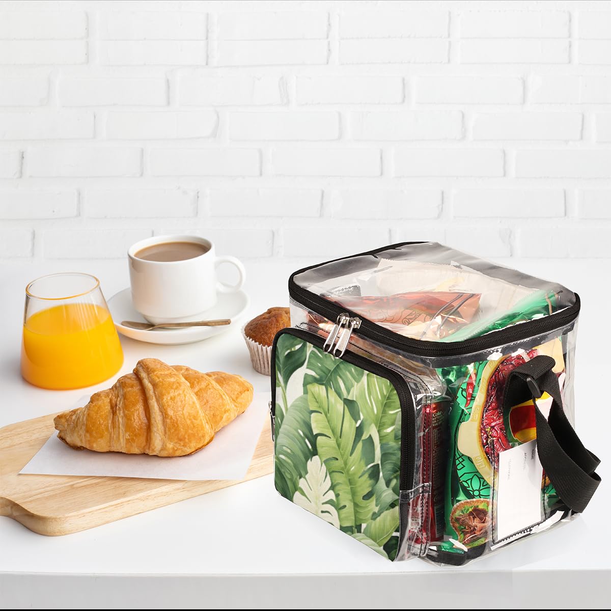 GzLeyigou Summer Clear Tote Bag with Handles - Green Tropical Leaf Pattern Transparent Crossbody Shoulder Bag for Lunch, Beach, Travel, Picnic, Concerts & Sports Events | Stadium Approved | Perfect for Outdoor Activities, Shopping & Summer Vacations